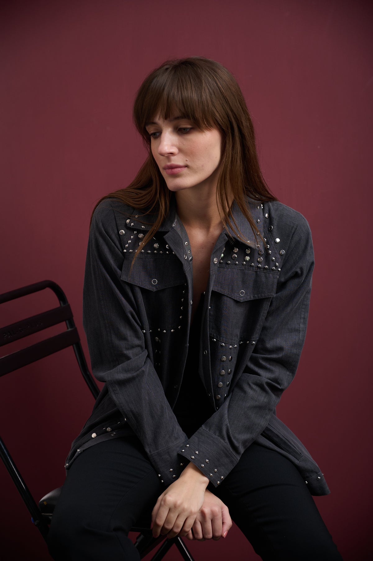 GREY DENIM STUDDED UTILITY SHACKET WITH FINE EMBROIDERY