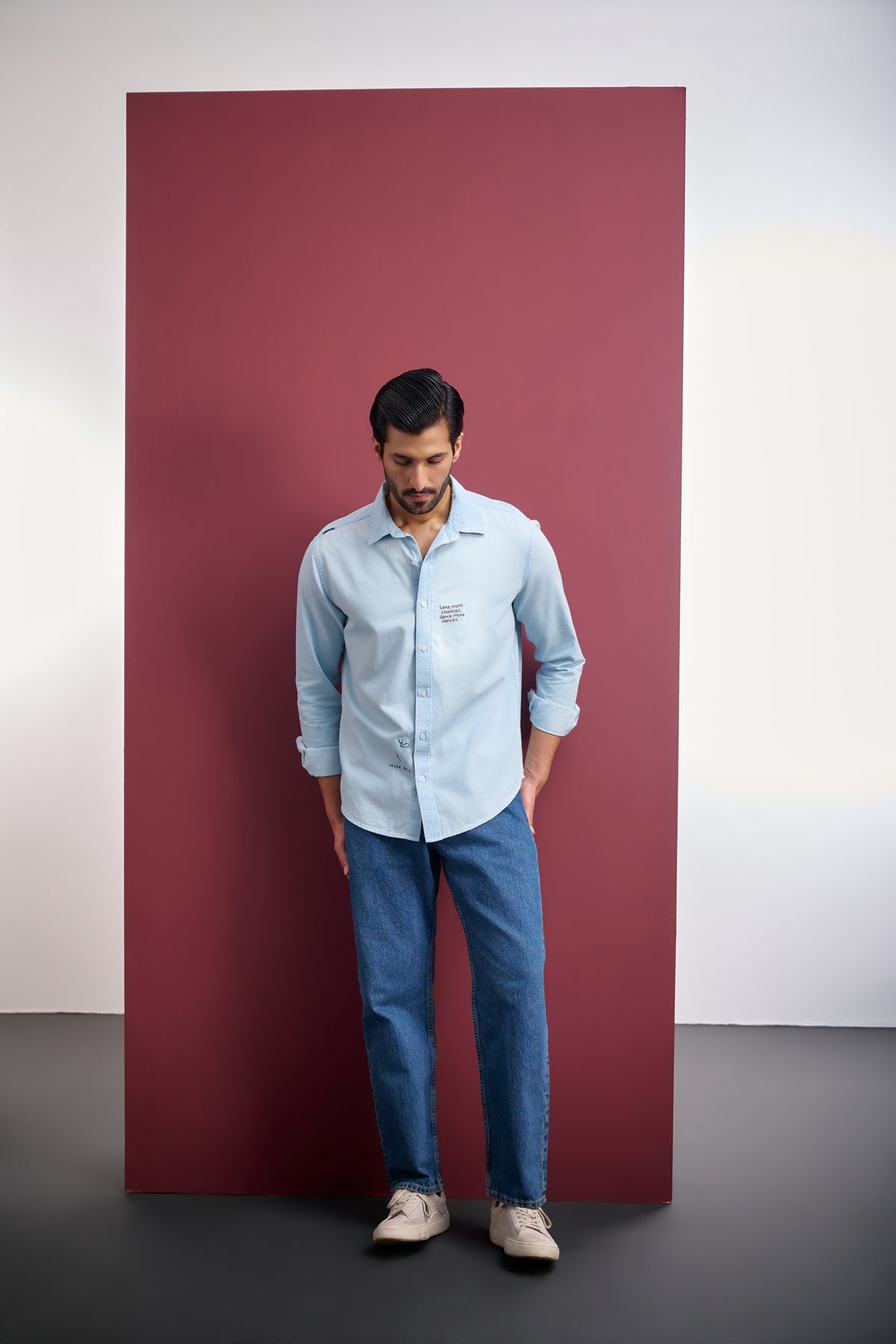 ICE WASH DENIM SHIRT WITH HAND EMBROIDERY