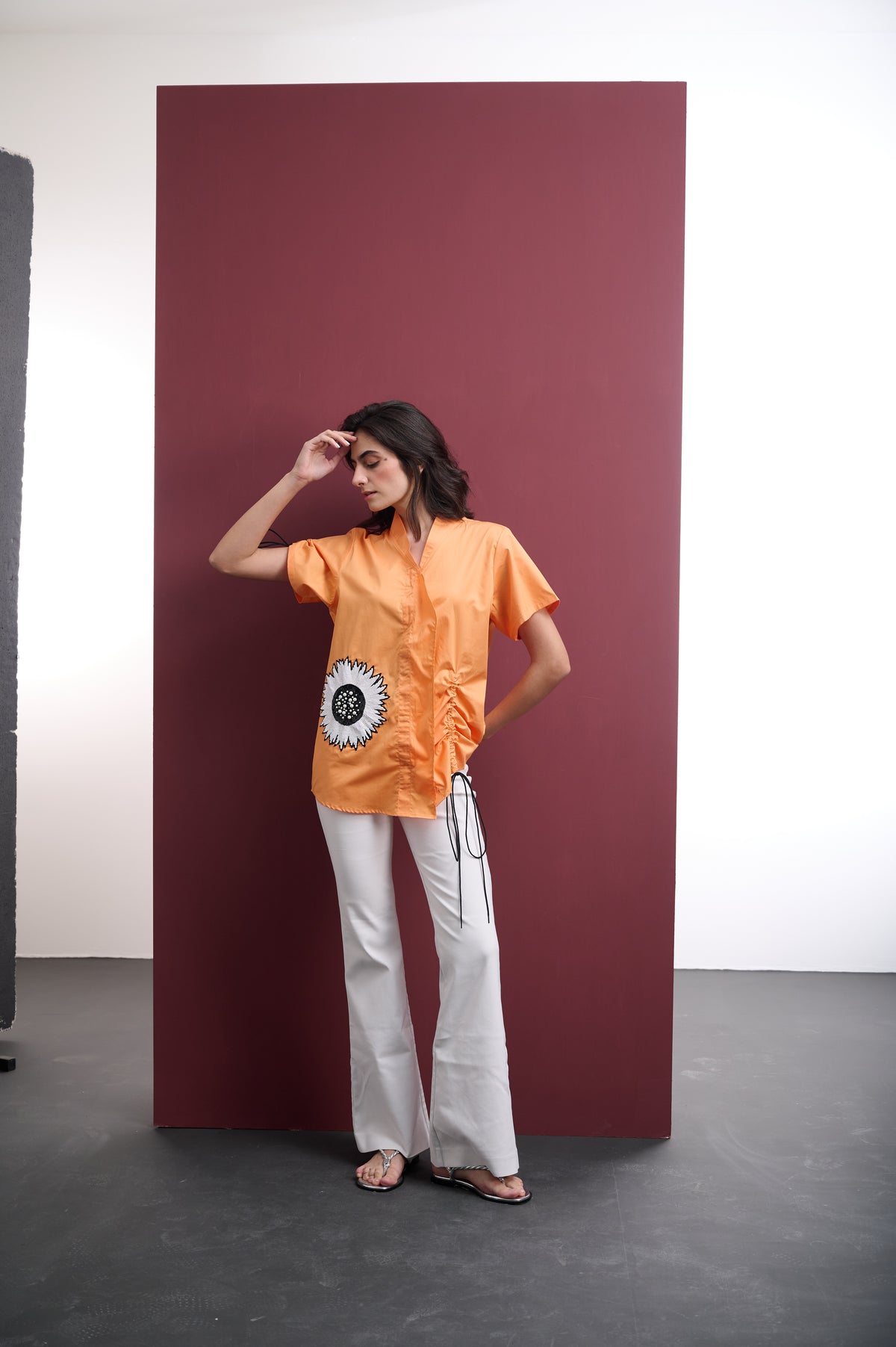 ORANGE COTTON SHIRT WITH SEQUIN SUNFLOWER EMBROIDERY