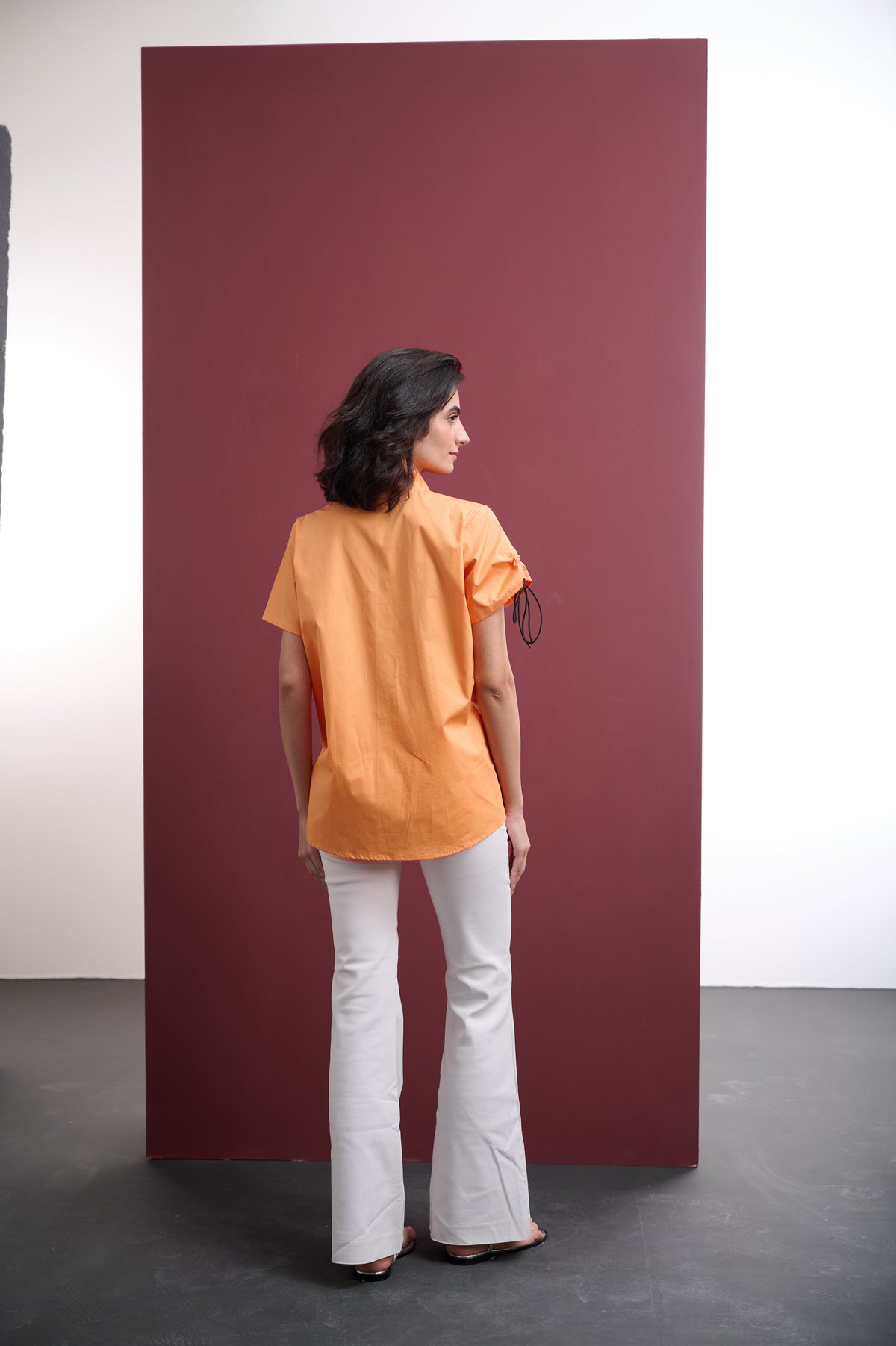 ORANGE COTTON SHIRT WITH SEQUIN SUNFLOWER EMBROIDERY