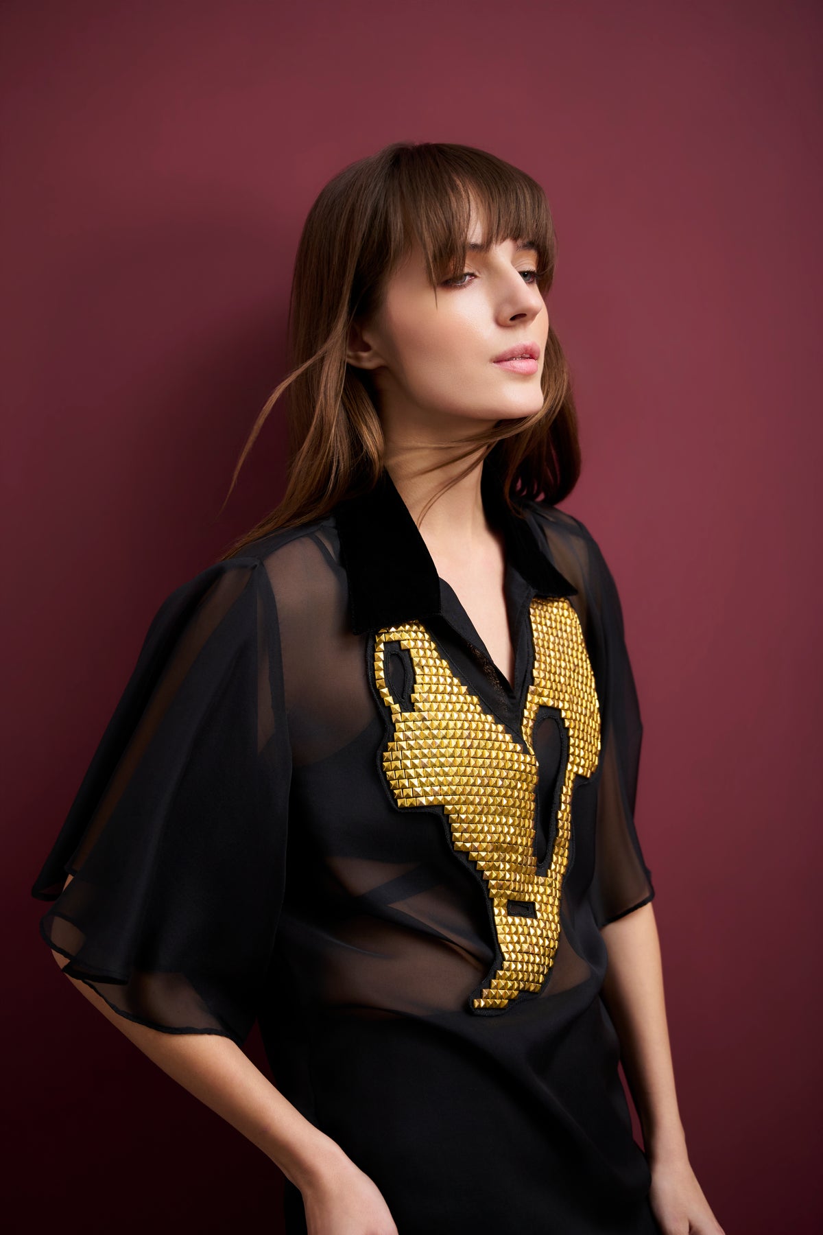 SHEER GEORGETTE VELVET COLLAR TOP WITH STUDDED NECK PIECE