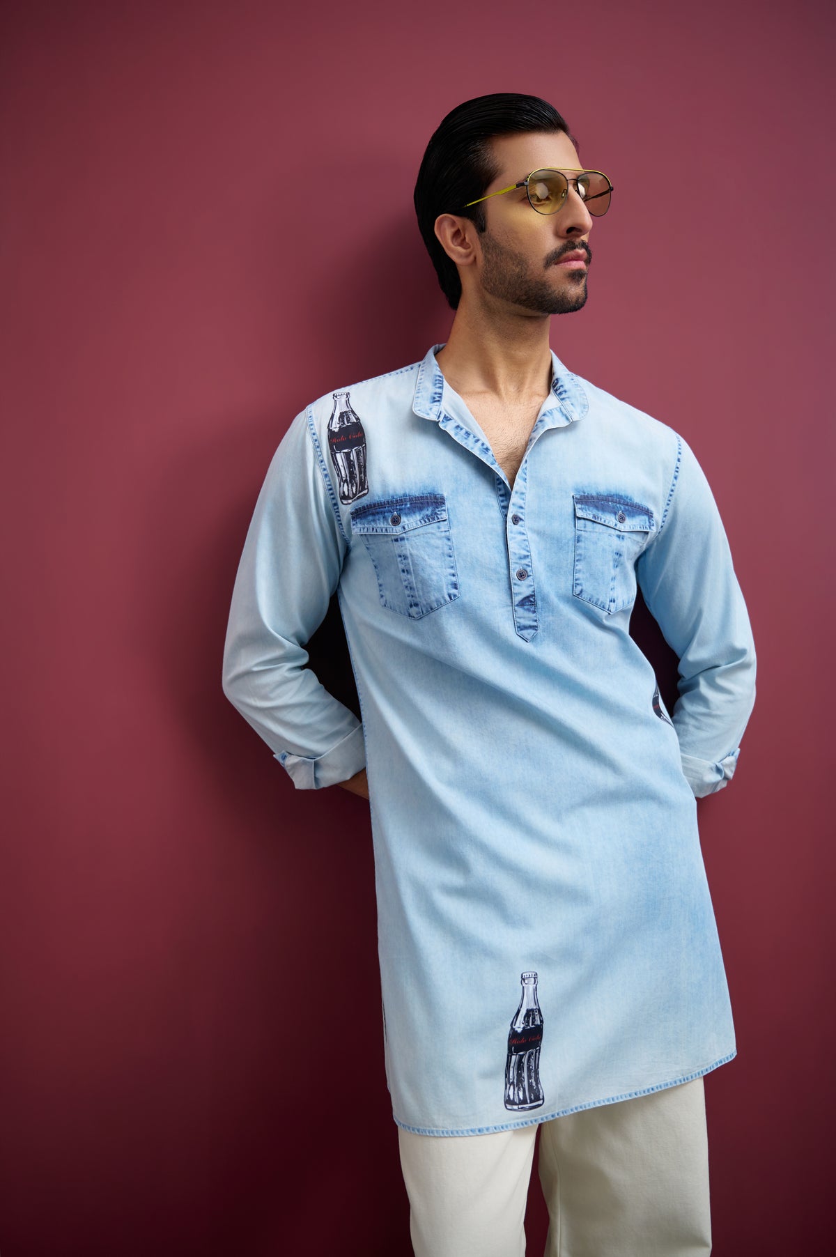 WASHED DENIM SHORT KURTA WITH POP-ART PRINT