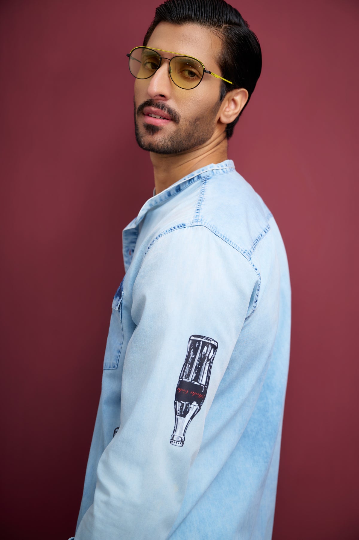 WASHED DENIM SHORT KURTA WITH POP-ART PRINT