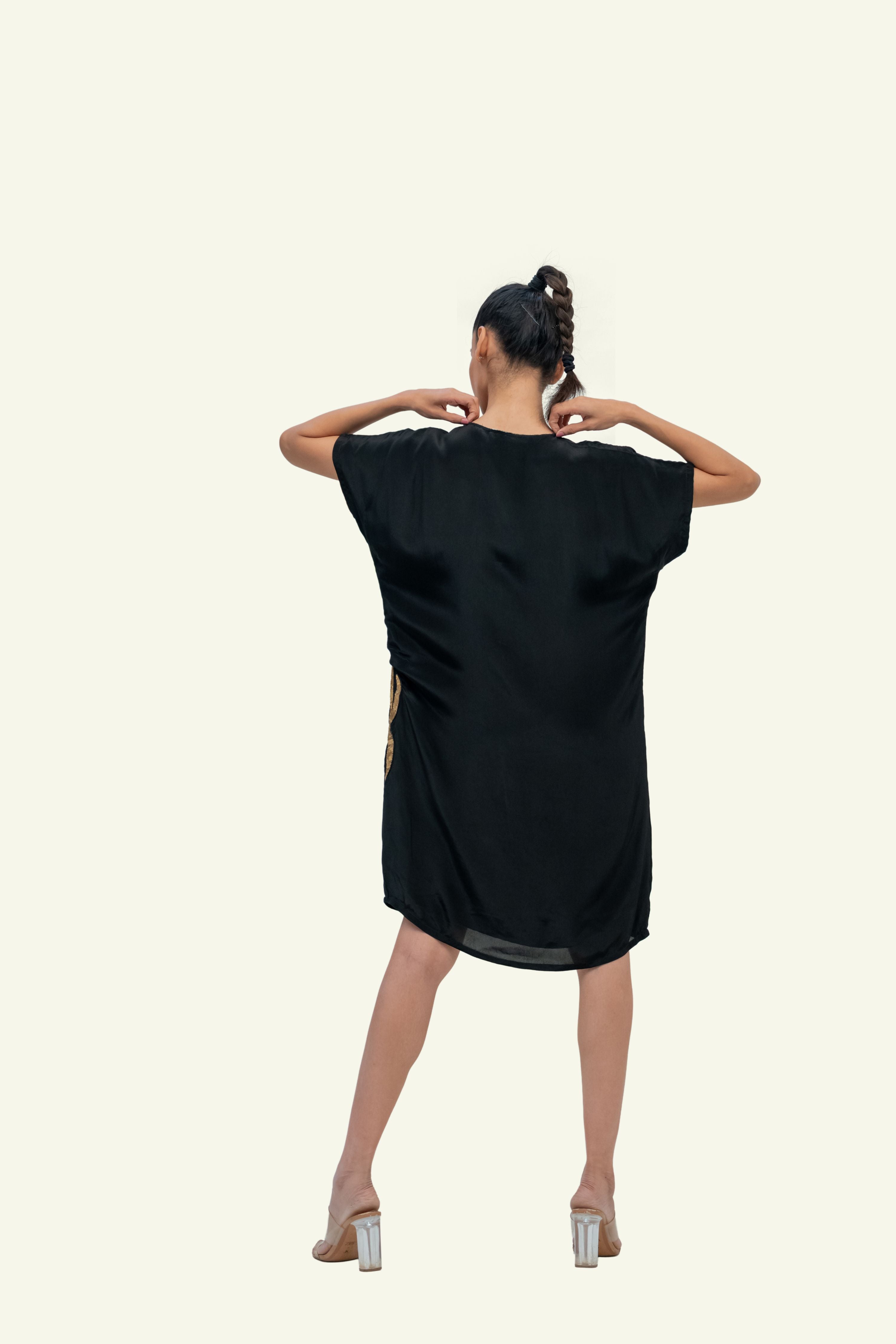 Black Crepe Dress with Dull Gold Embroidery