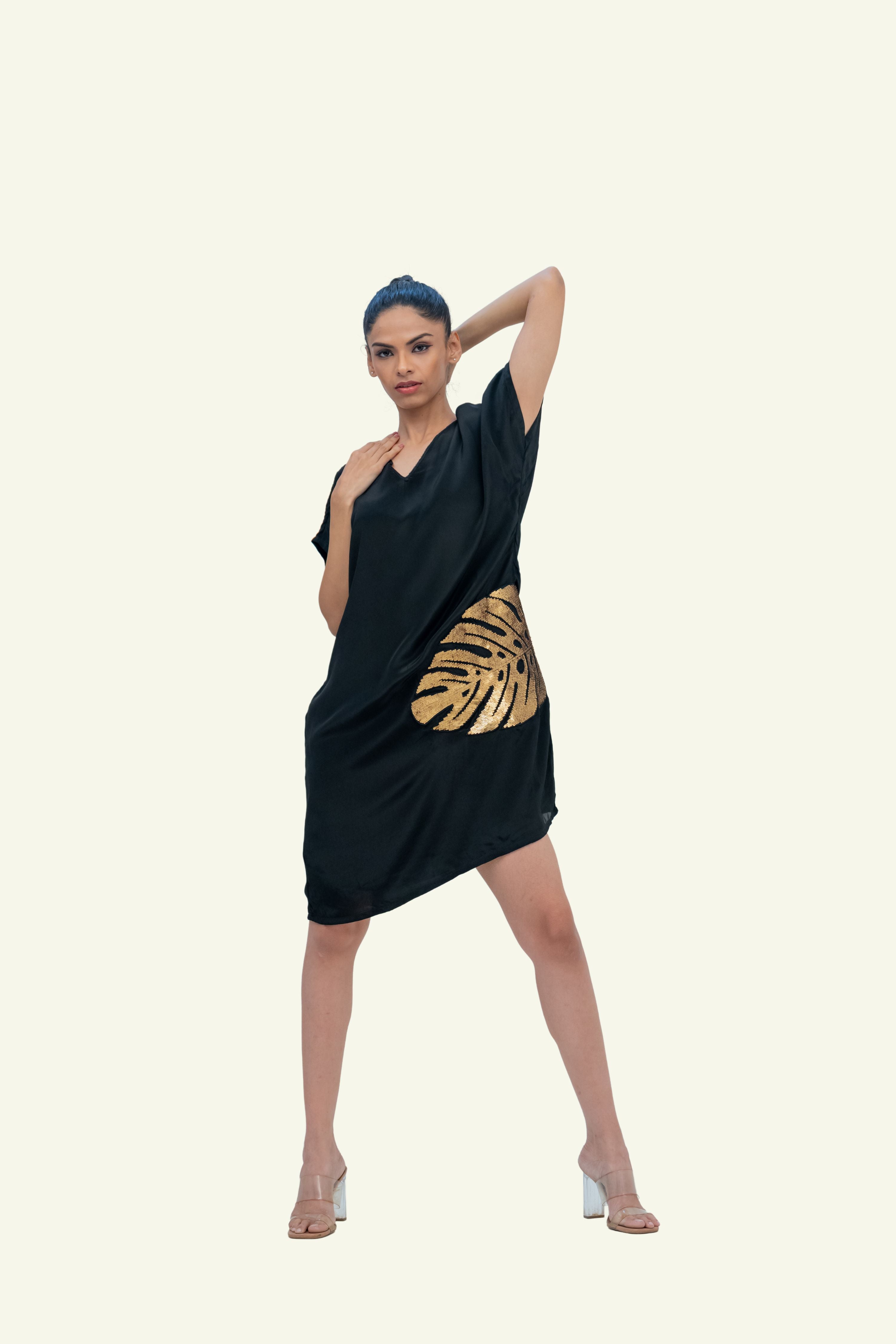 Black Crepe Dress with Dull Gold Embroidery