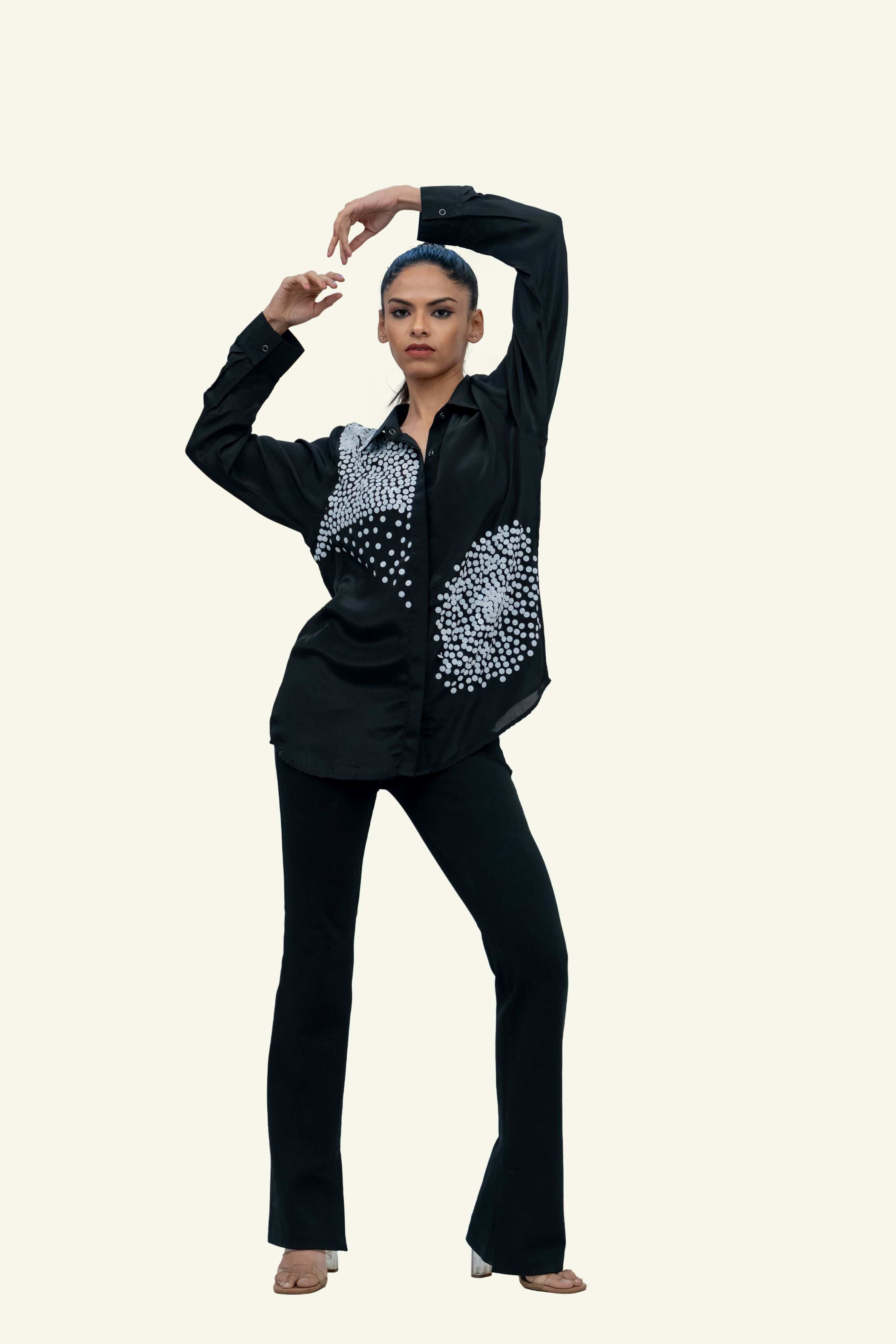 Black Crepe Shirt with Sequin Embroidery