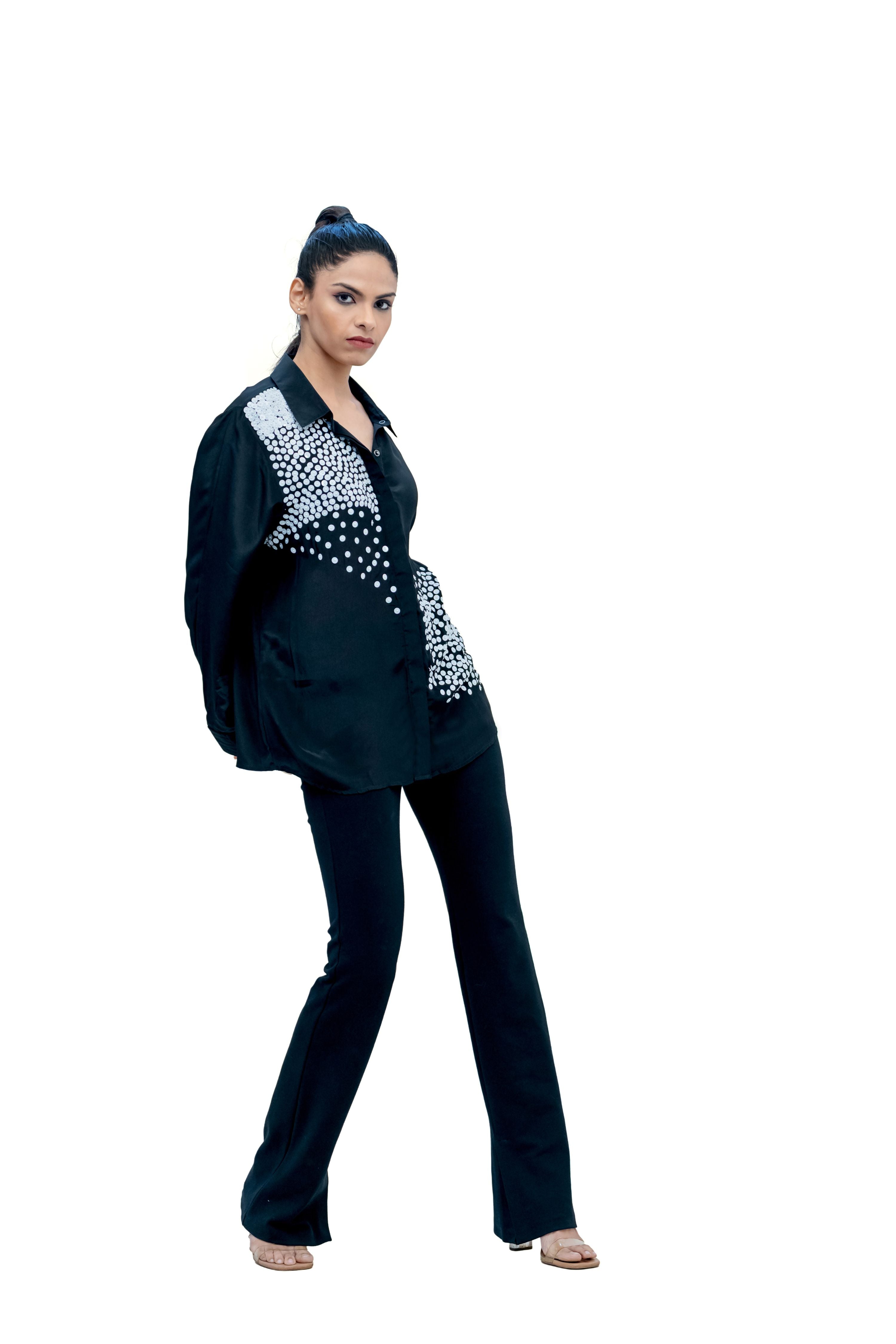 Black Crepe Shirt with Sequin Embroidery