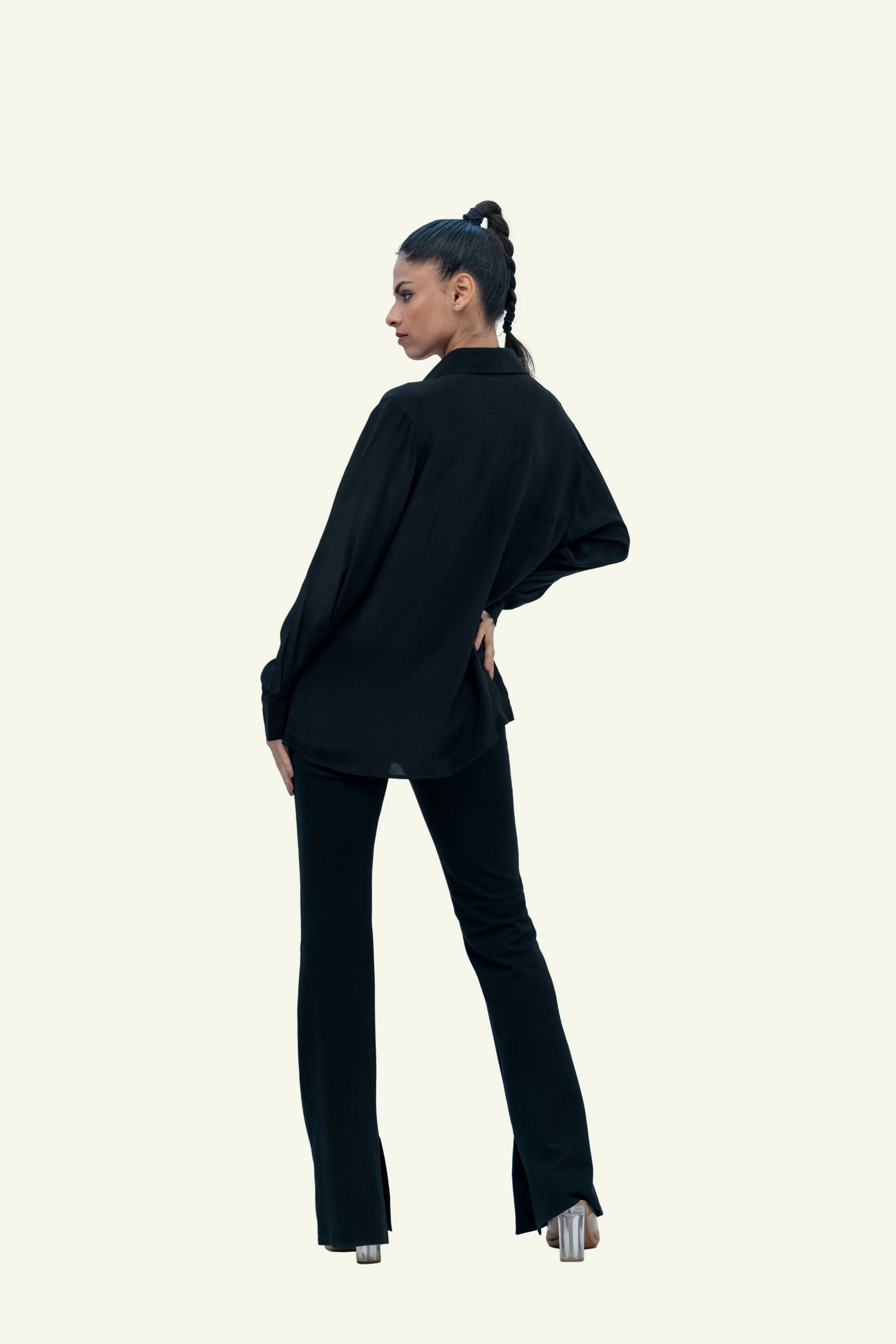Black Crepe Shirt with Sequin Embroidery