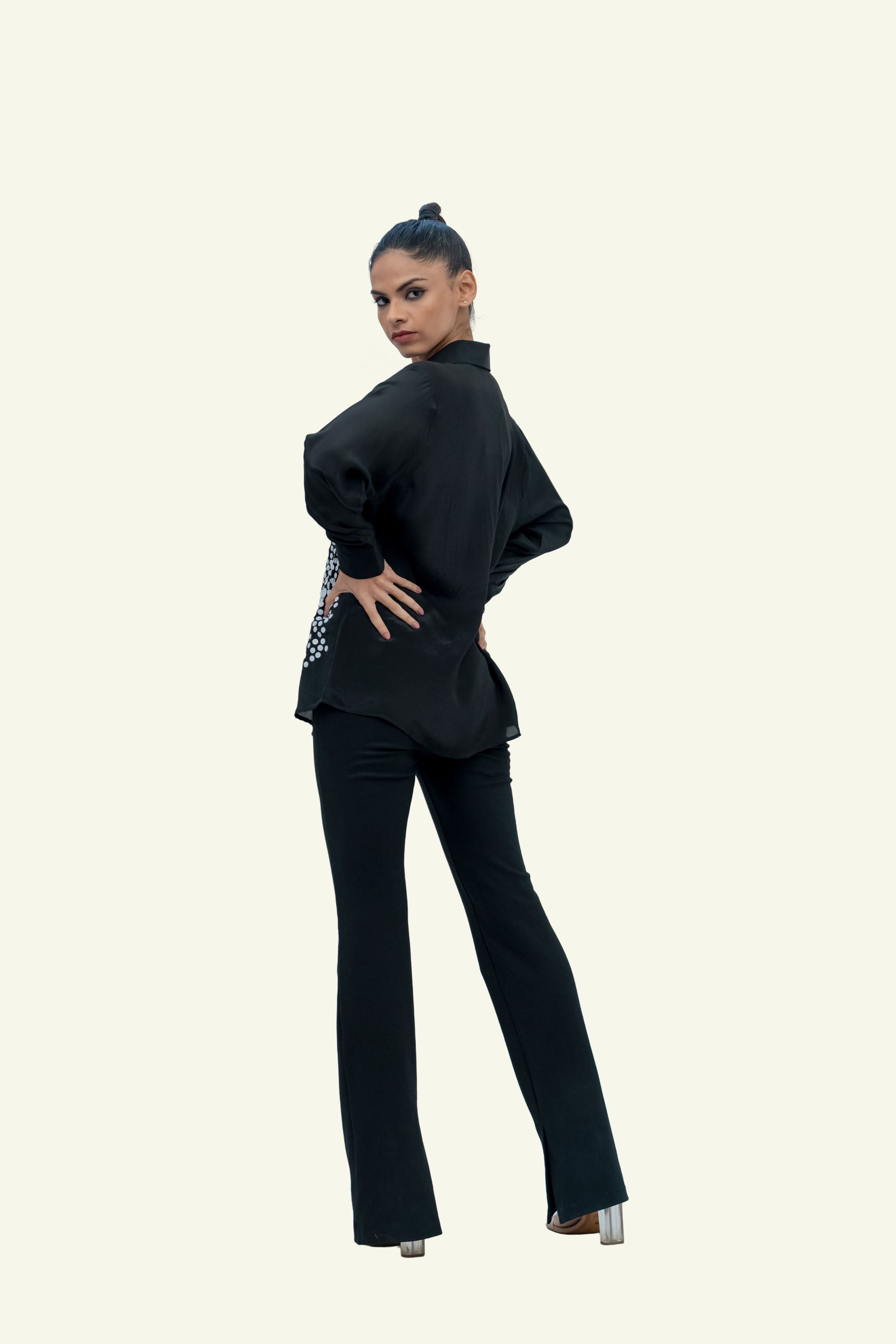 Black Crepe Shirt with Sequin Embroidery
