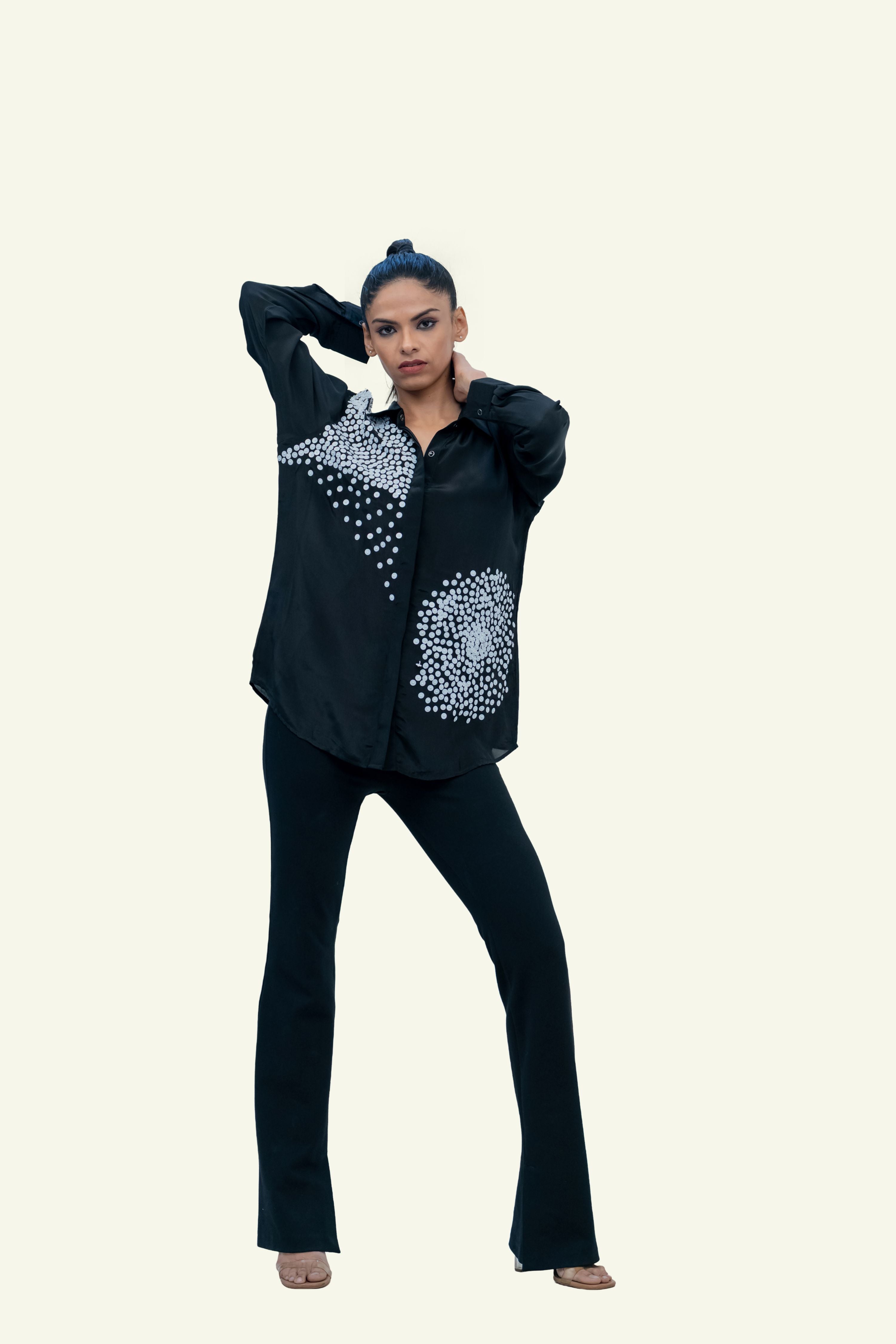 Black Crepe Shirt with Sequin Embroidery