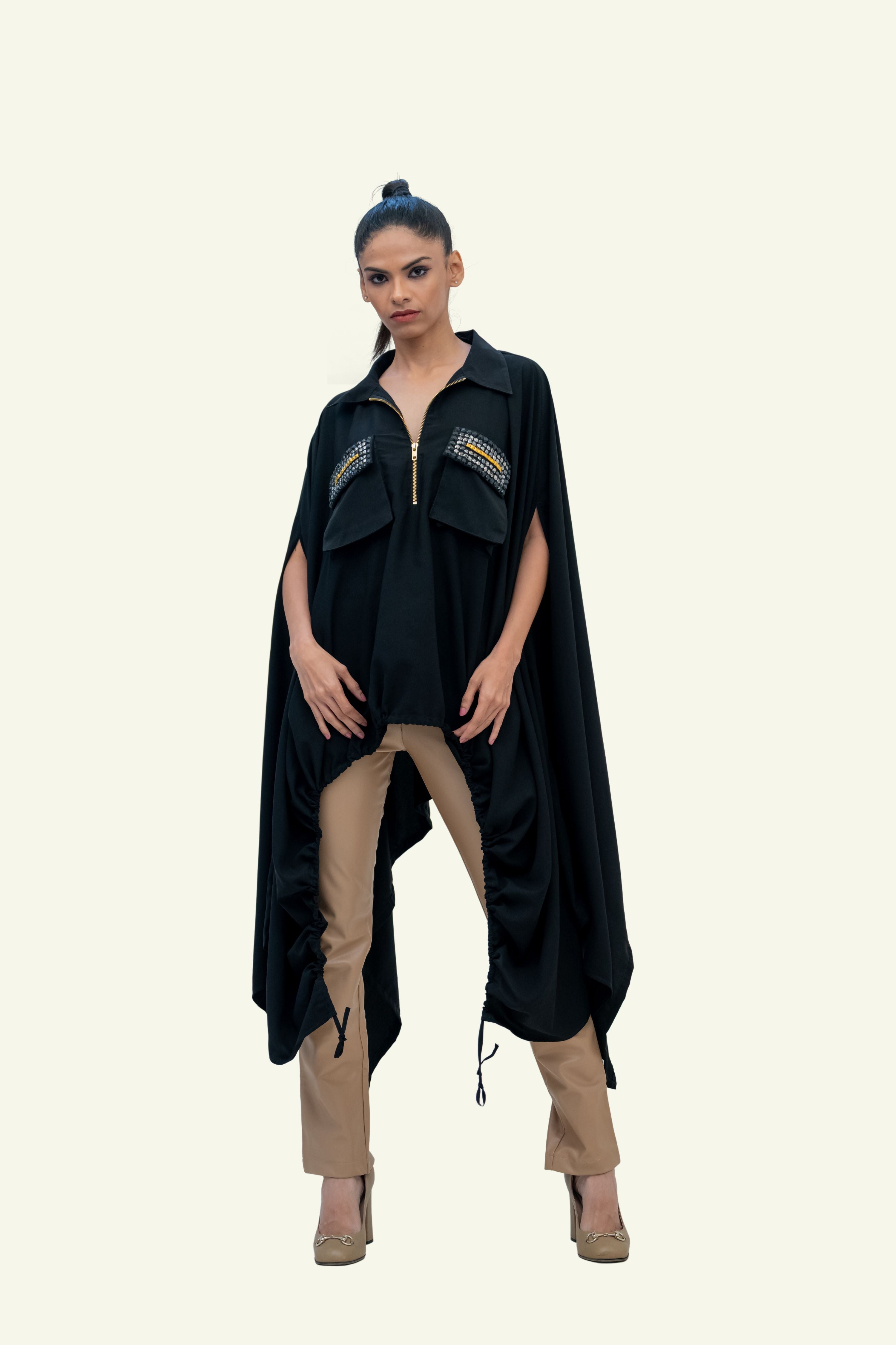 Black Drawstring Cape with Embroidery on Pockets