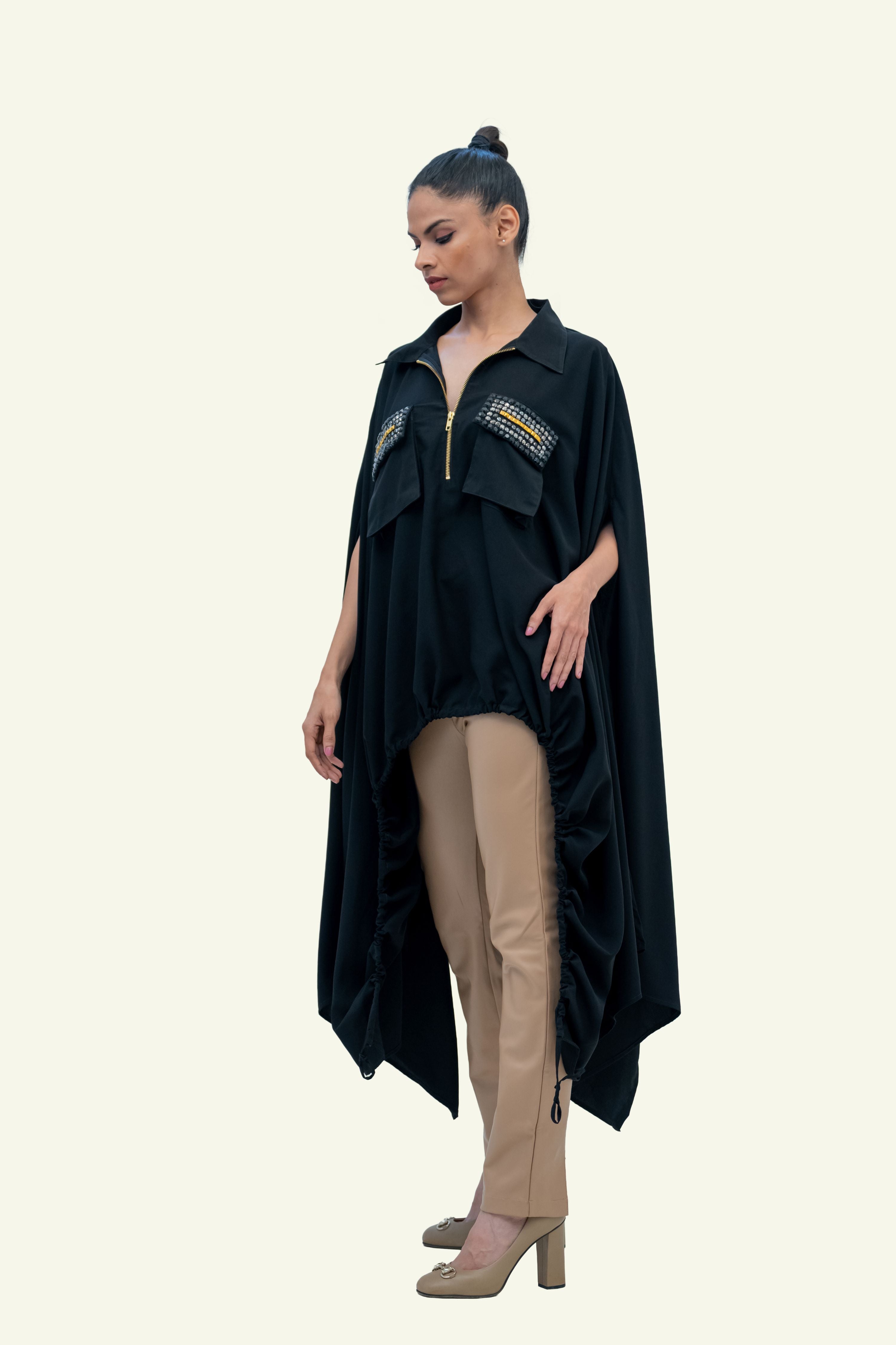 Black Drawstring Cape with Embroidery on Pockets
