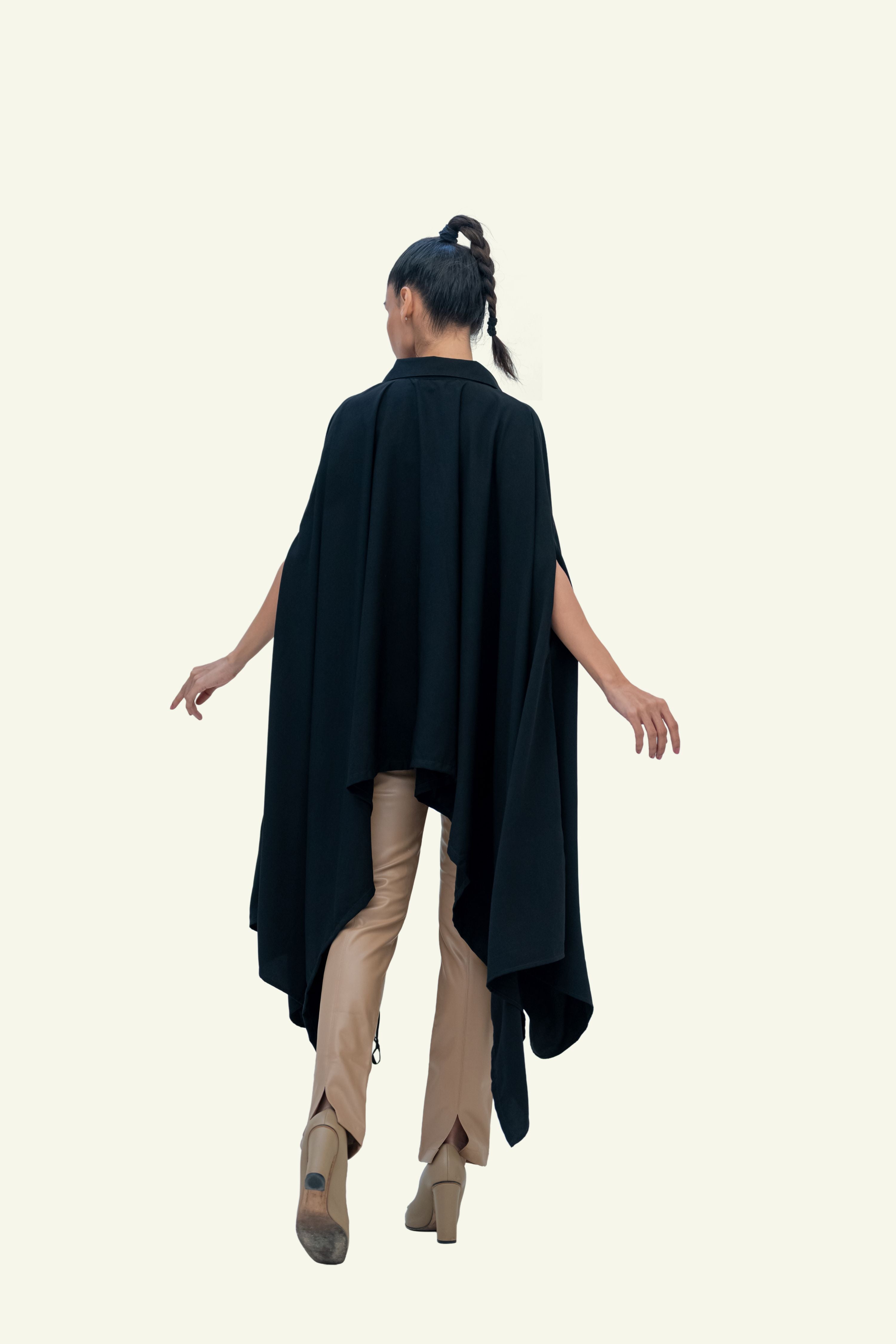 Black Drawstring Cape with Embroidery on Pockets