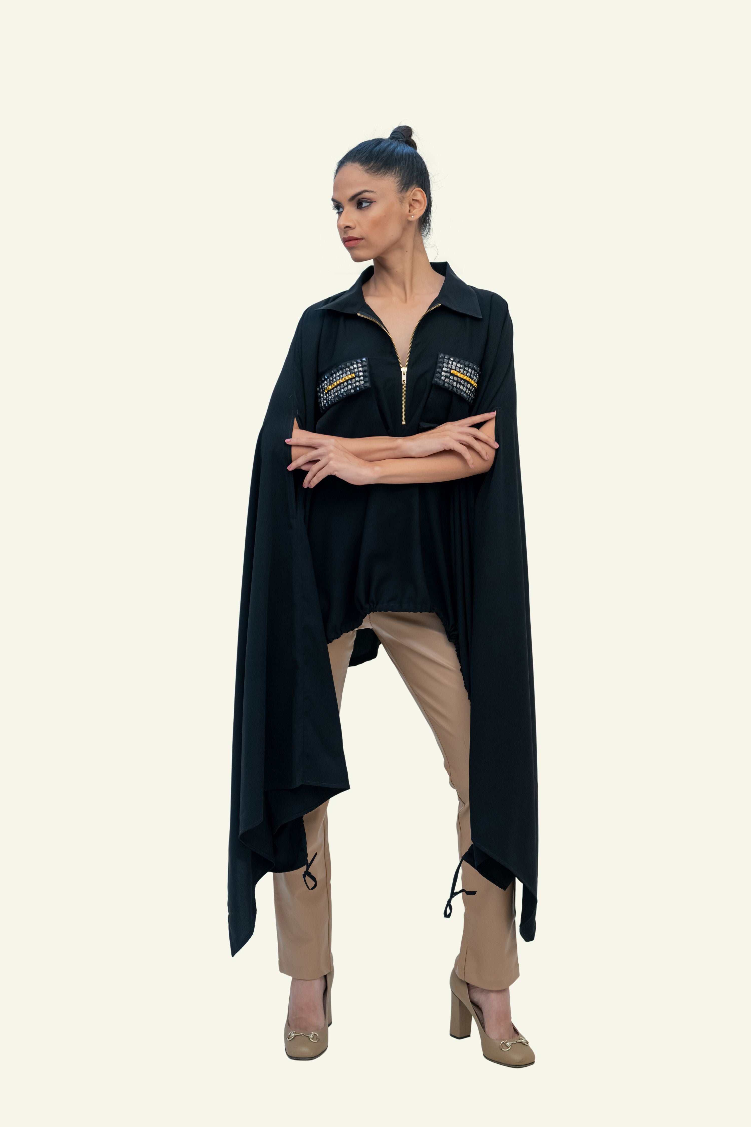 Black Drawstring Cape with Embroidery on Pockets