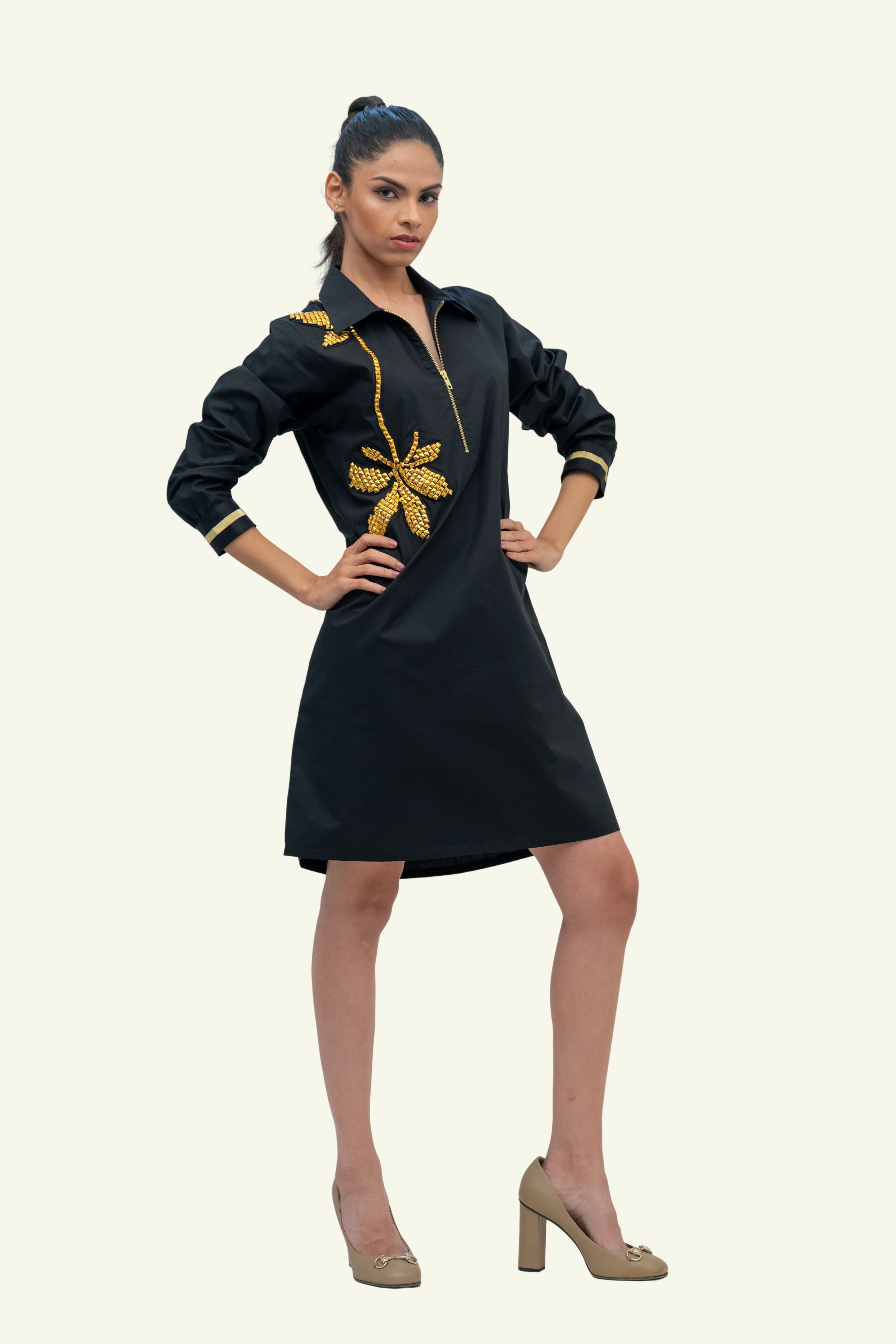 Black Cotton Dress with Stud Work