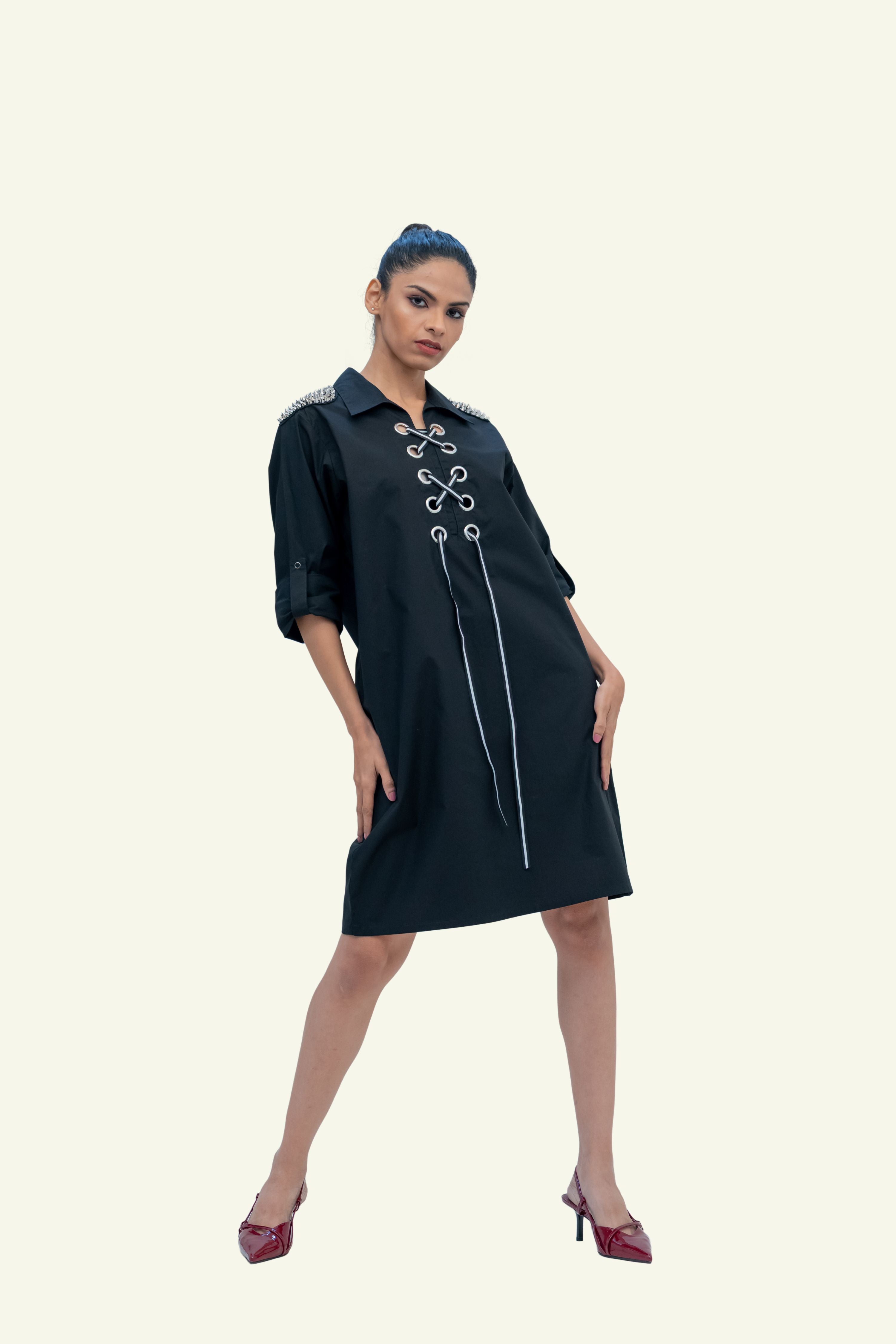 Black Cotton Denim Dress with Embroidery