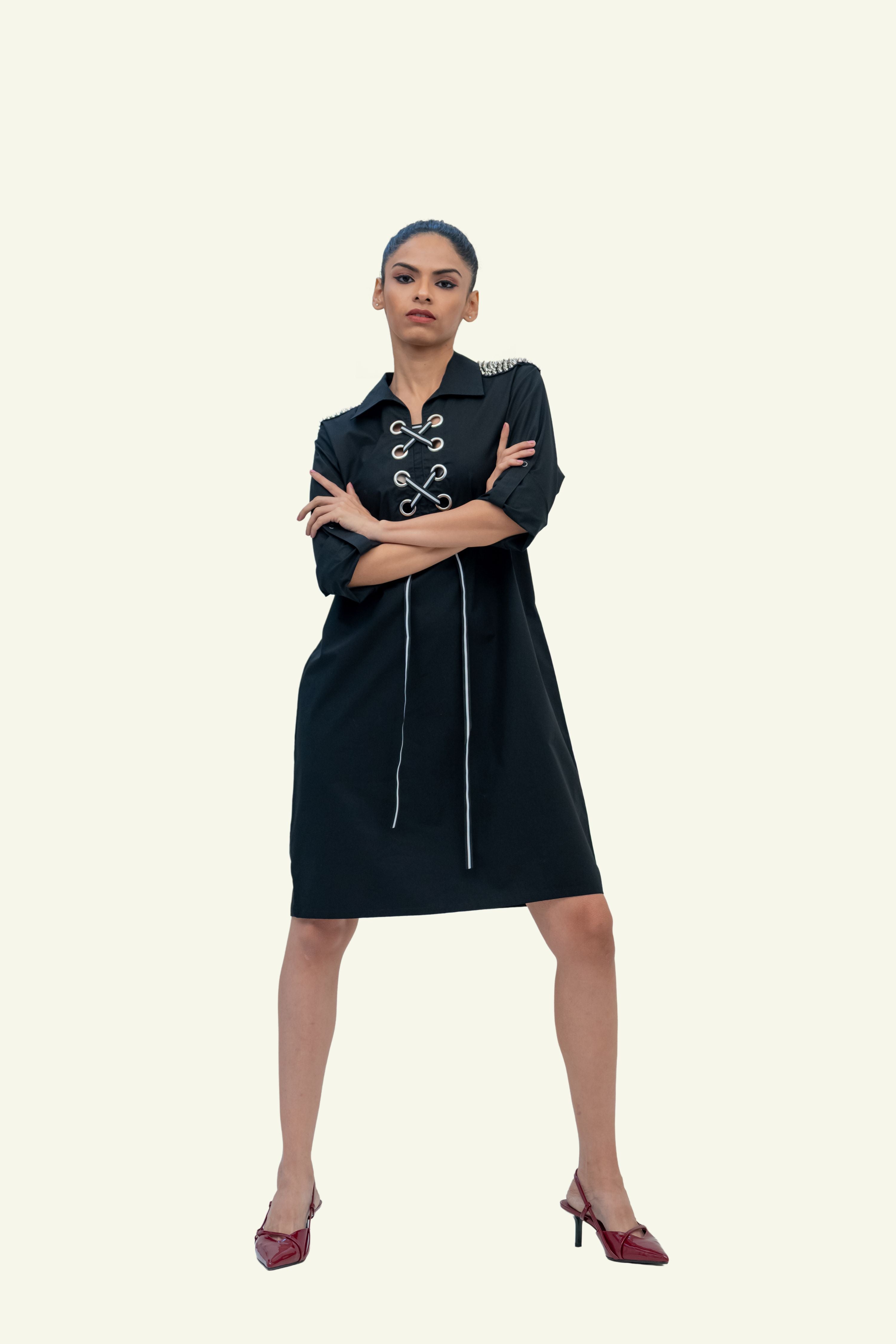 Black Cotton Denim Dress with Embroidery