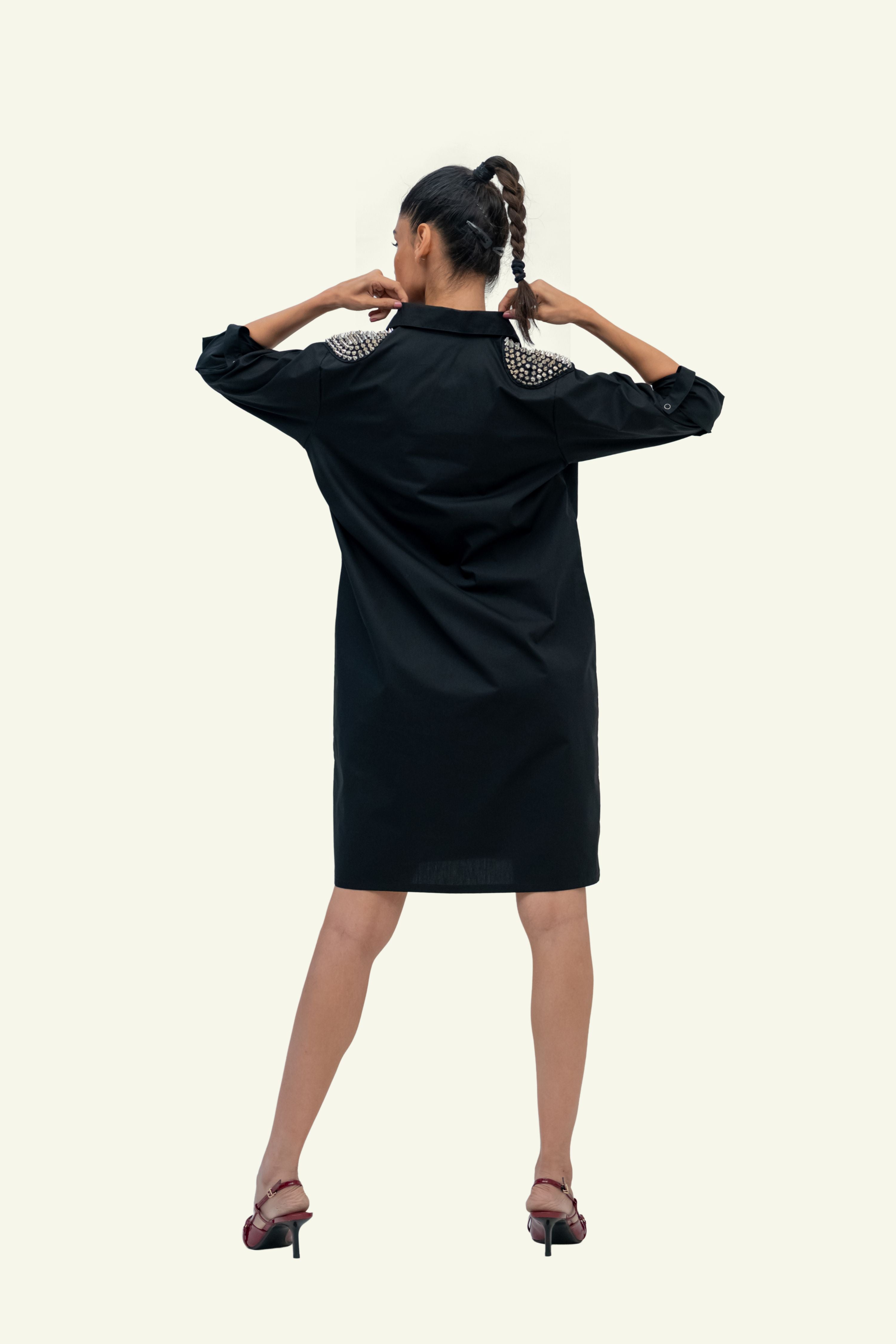 Black Cotton Denim Dress with Embroidery