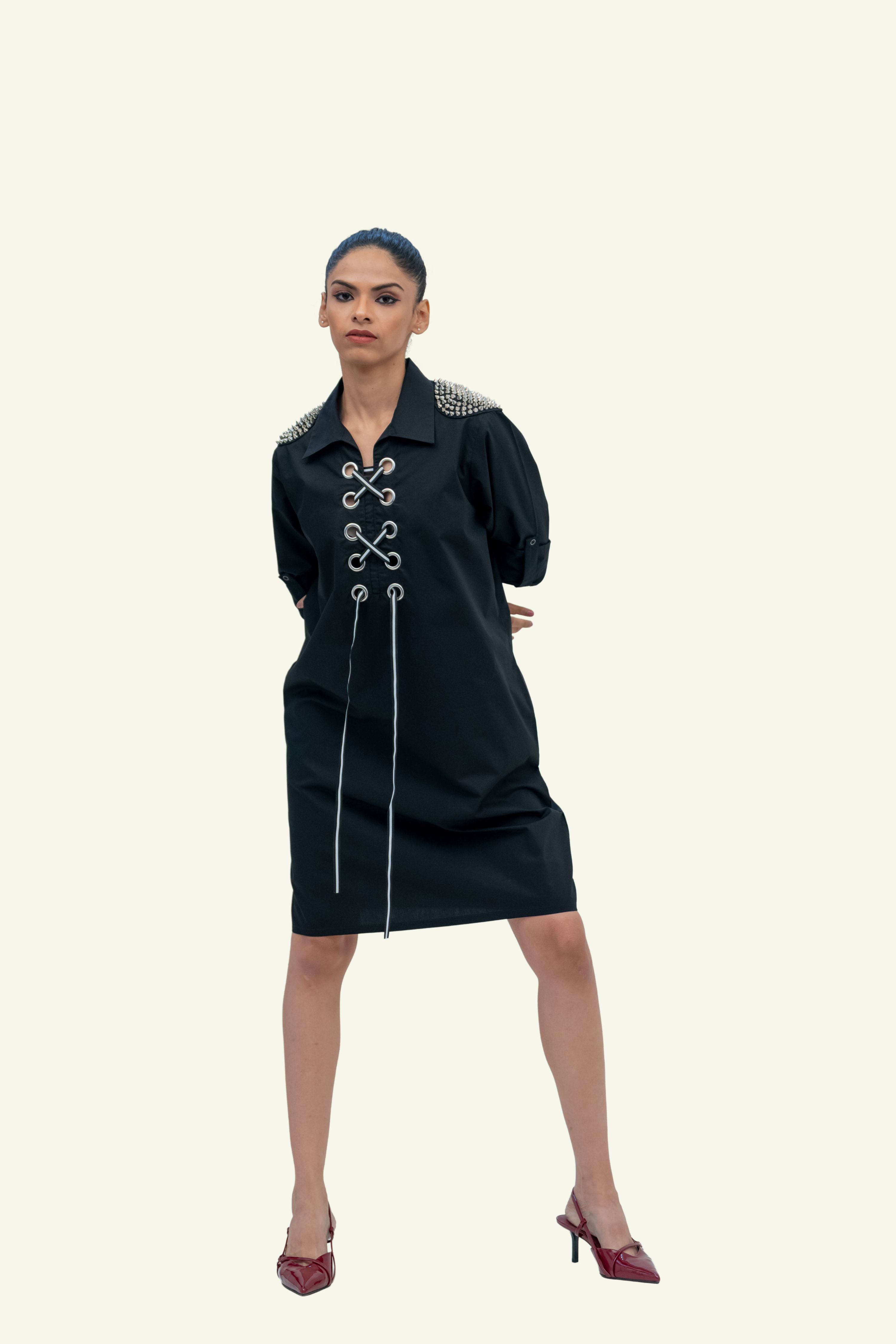 Black Cotton Denim Dress with Embroidery
