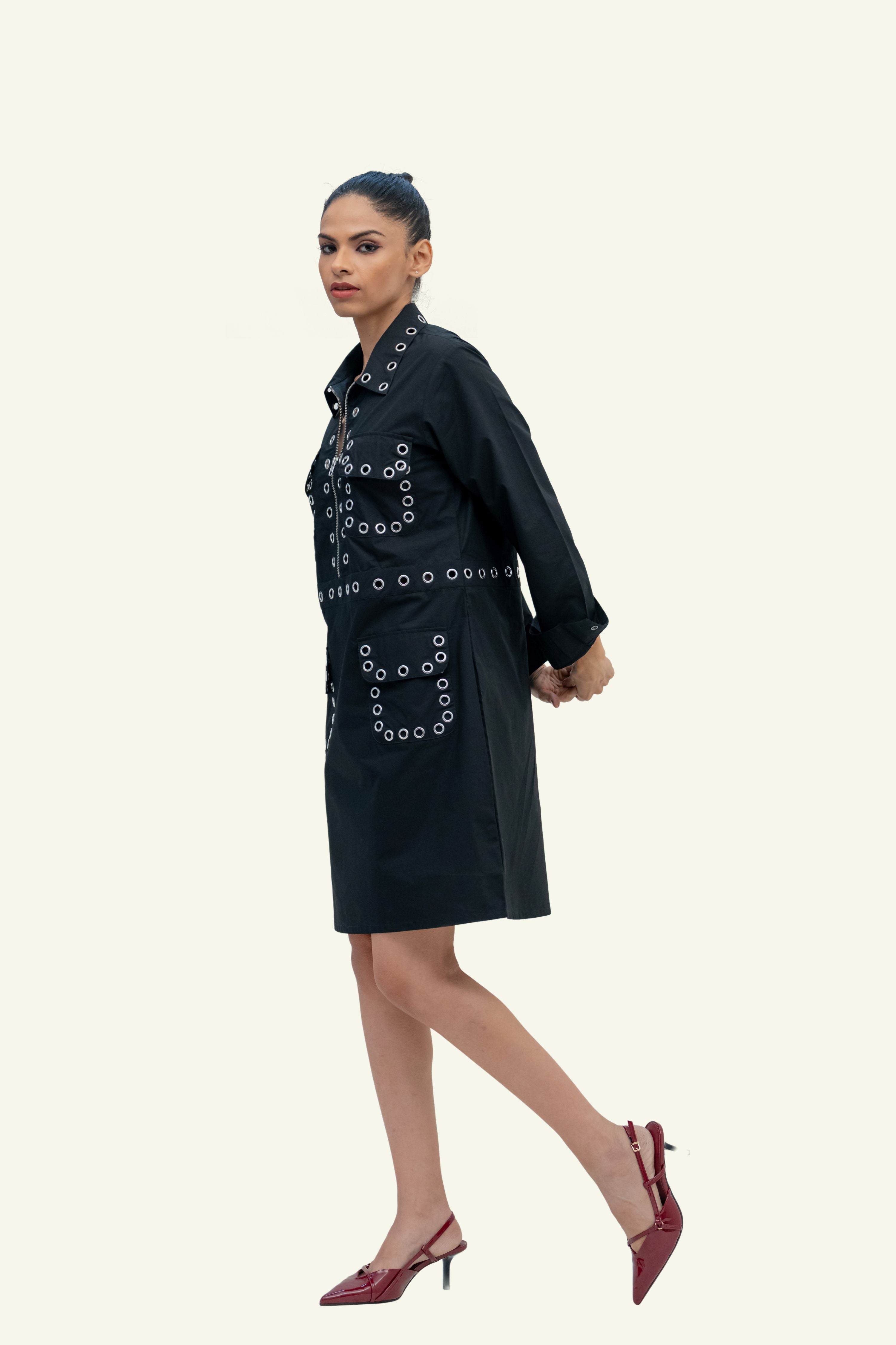 Black Cotton Dress with Eyelets