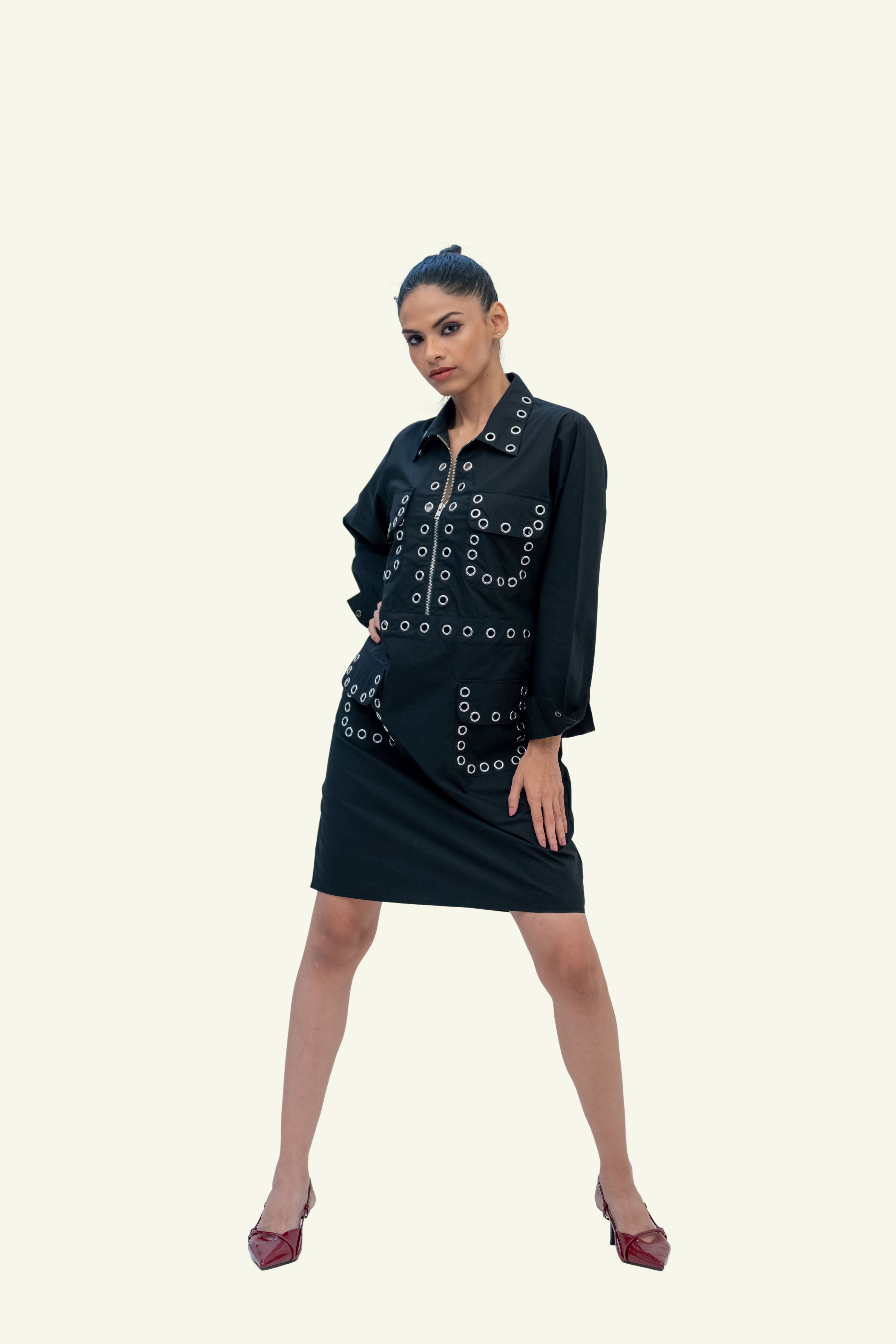 Black Cotton Dress with Eyelets