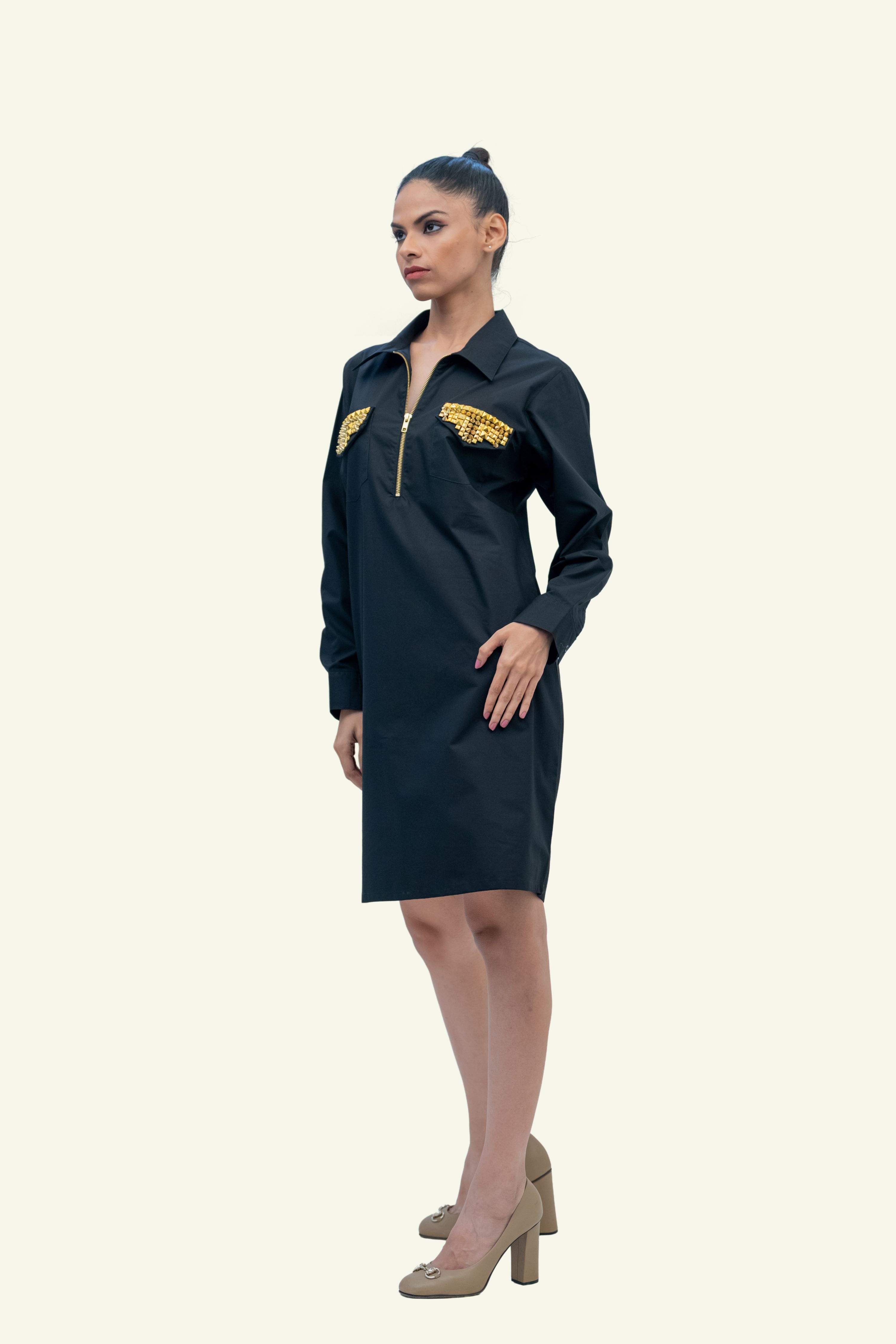 Black Cotton Dress with Stud Work