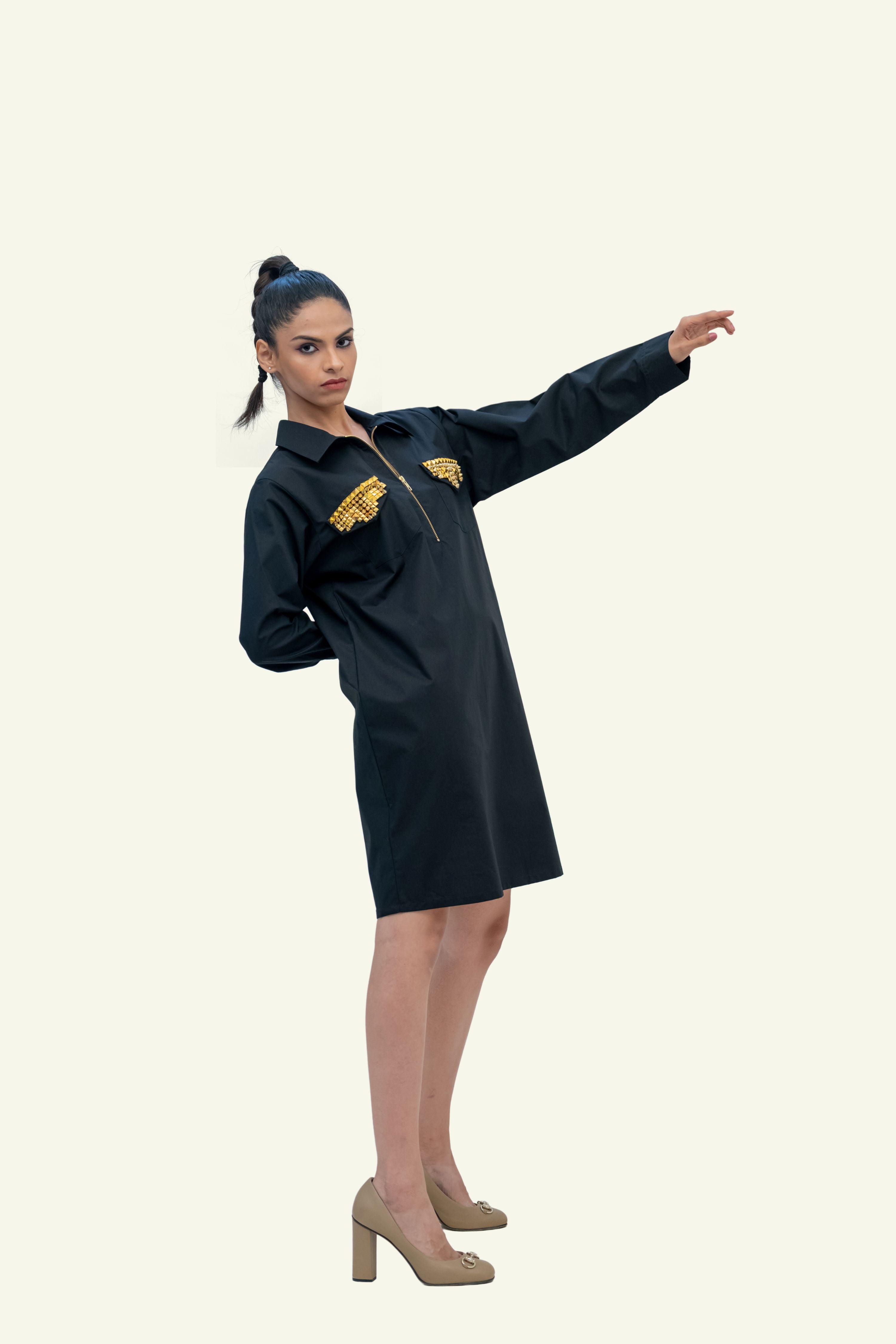 Black Cotton Dress with Stud Work