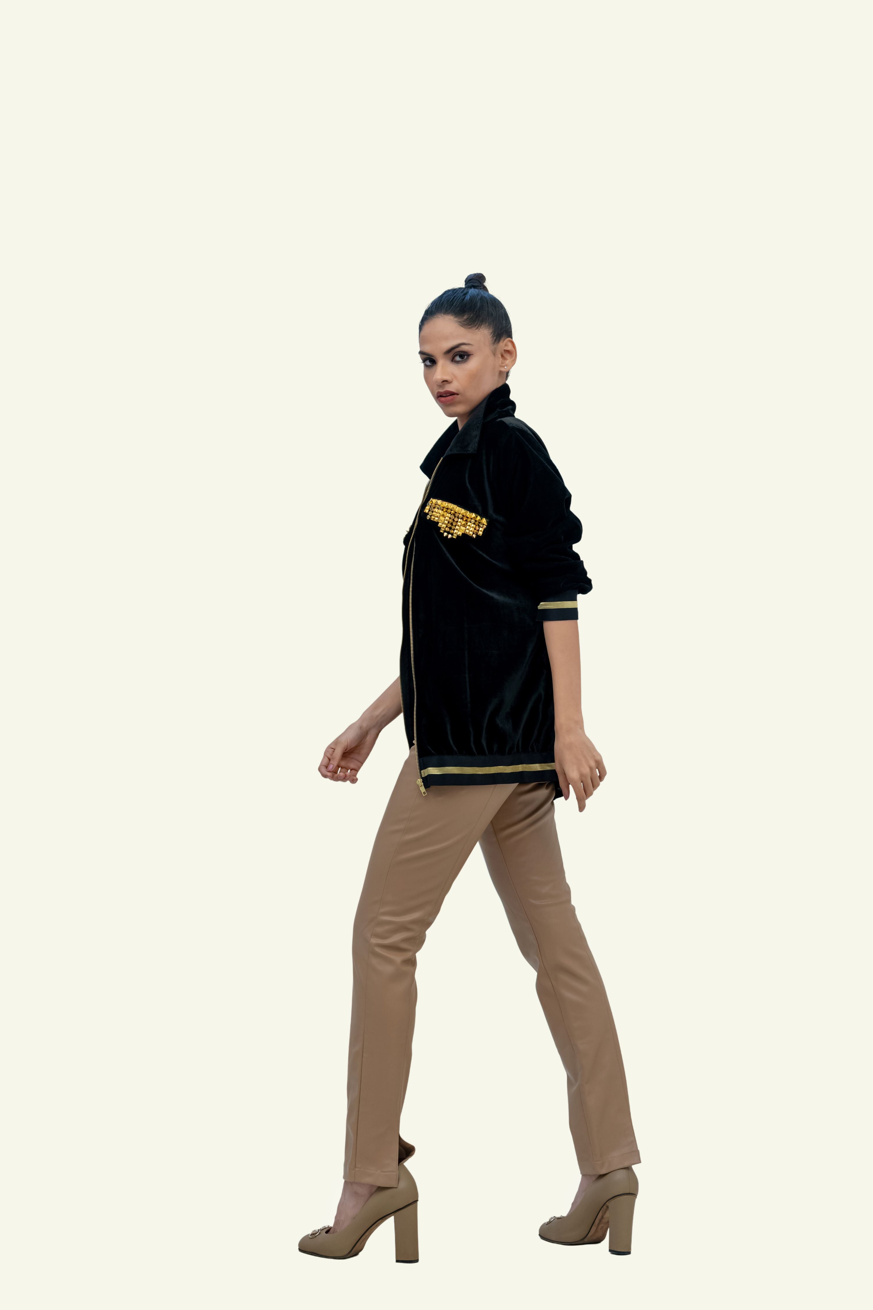 BLACK VELVET BOMBER WITH STUD WORK