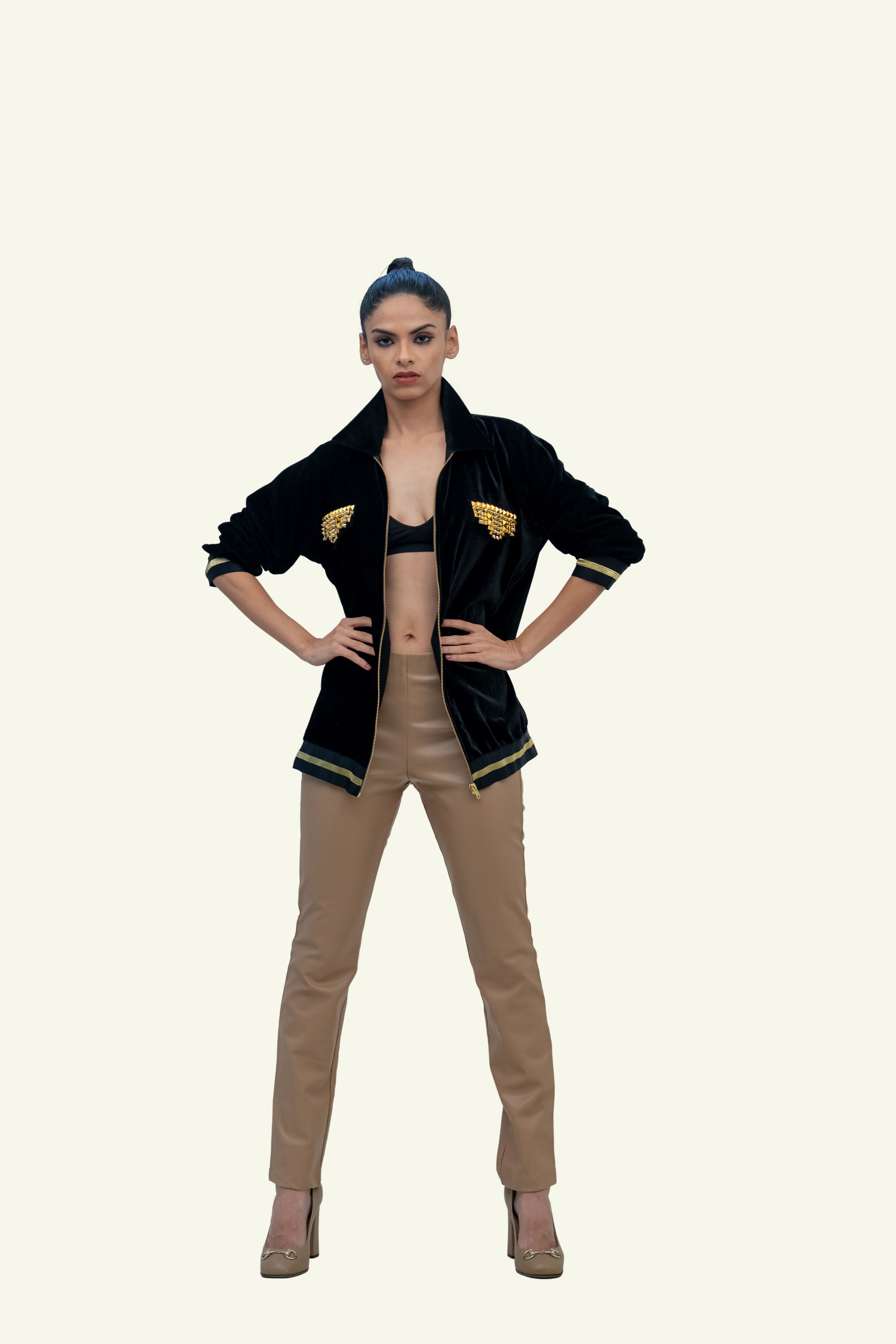 BLACK VELVET BOMBER WITH STUD WORK