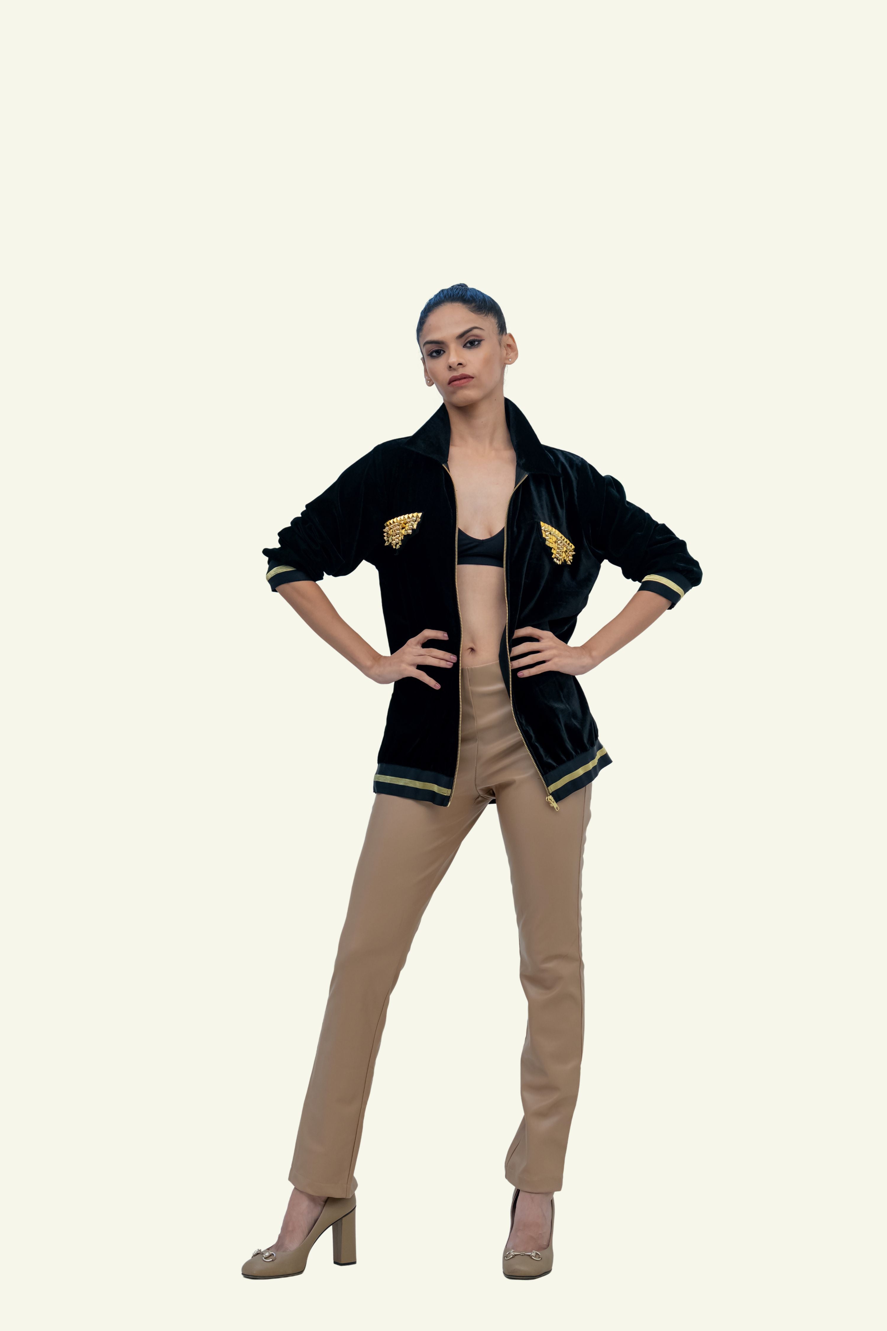 BLACK VELVET BOMBER WITH STUD WORK