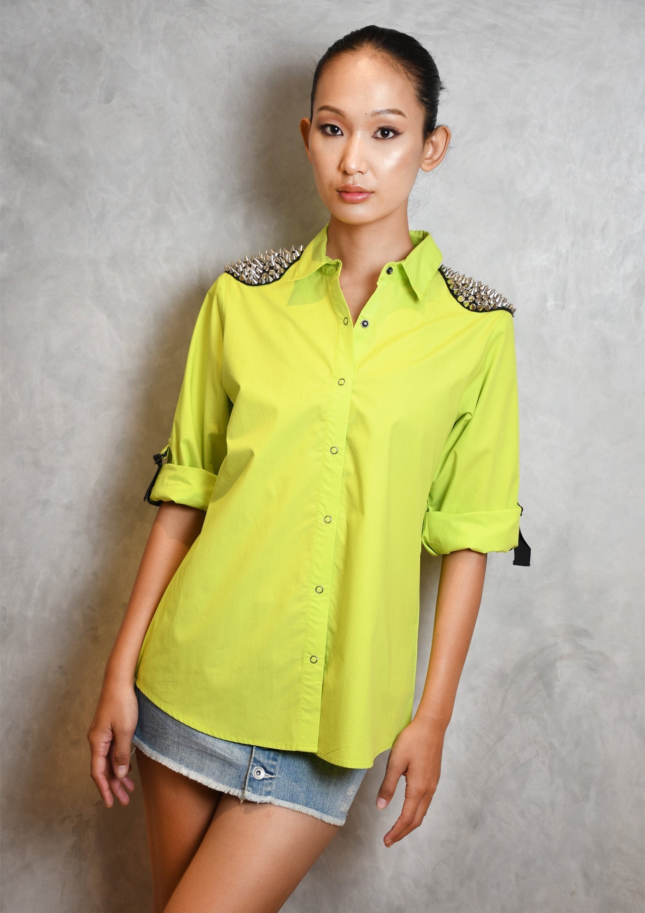 Neon Green Comfort Fit Cotton Shirt with Embroidery