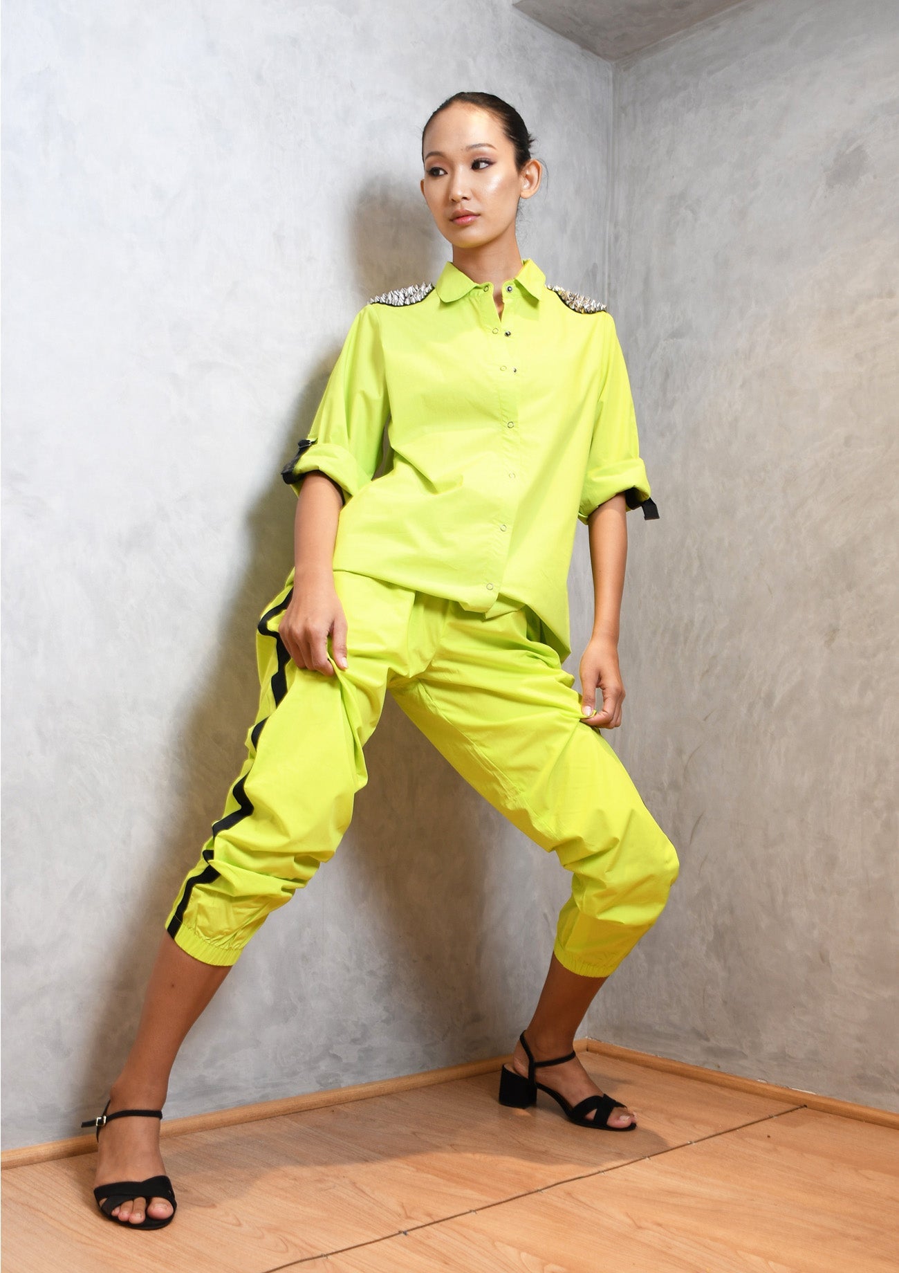 Neon Green Cotton Co-ord Set with Jogger Pants