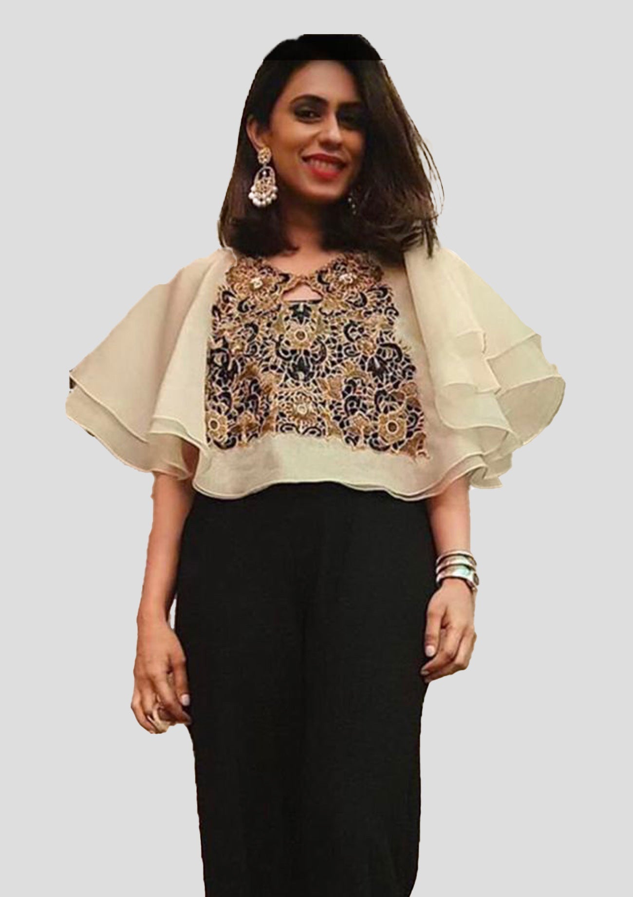 Beige Organza Double Layer Cape with Embroidery