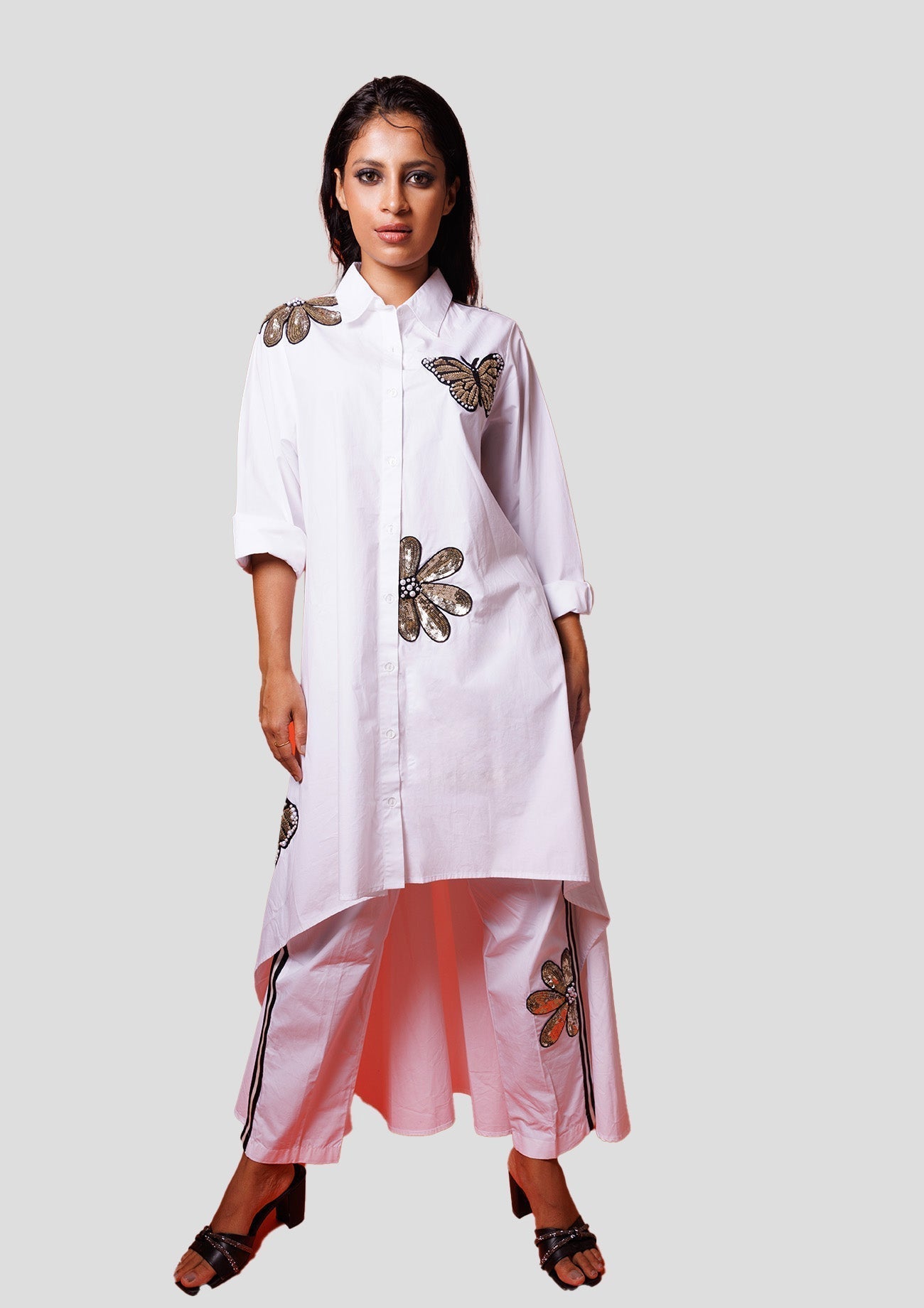 White Cotton High Low Tunic with Embroidery