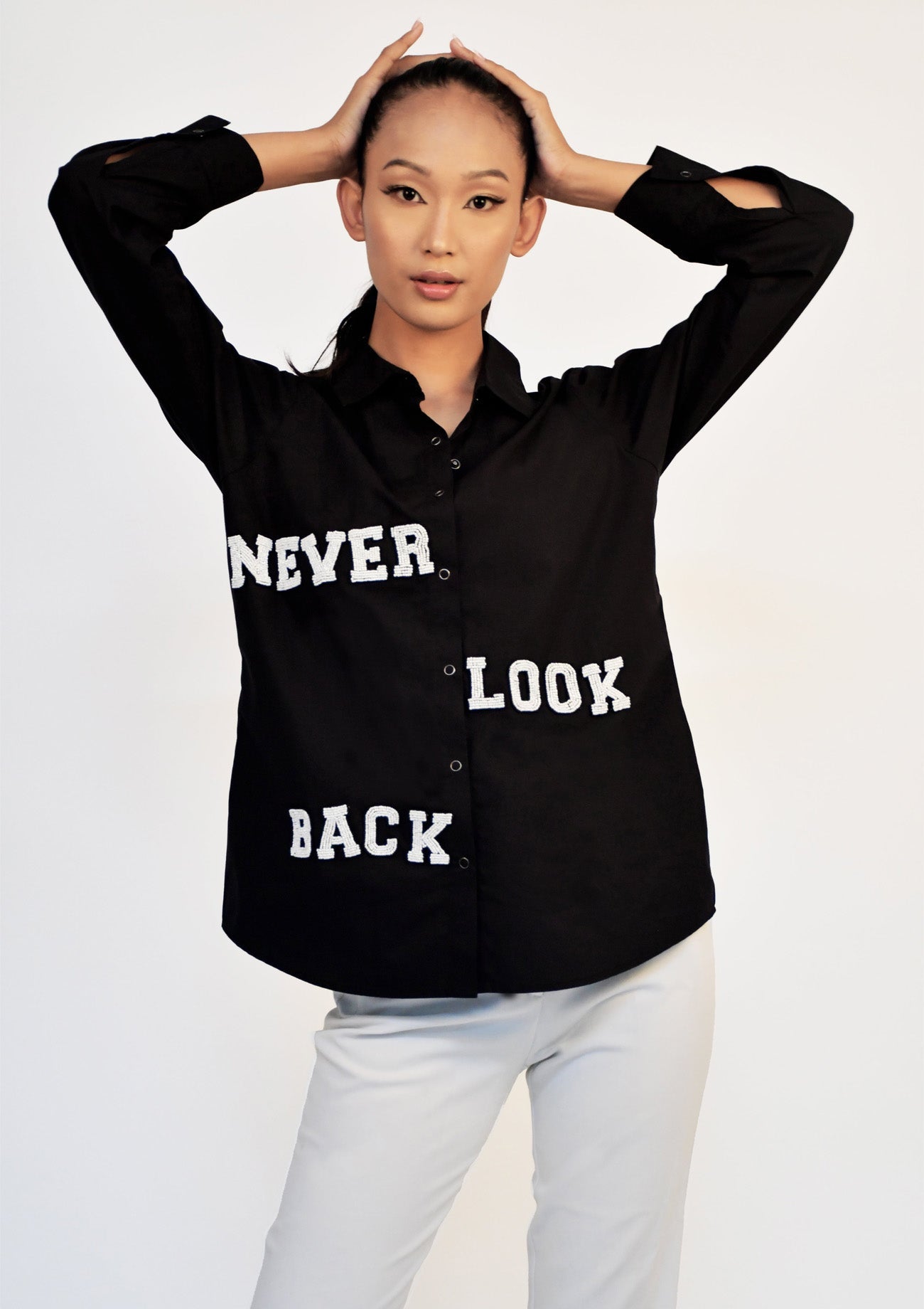 Black Comfort Fit Cotton Shirt with Embroidery