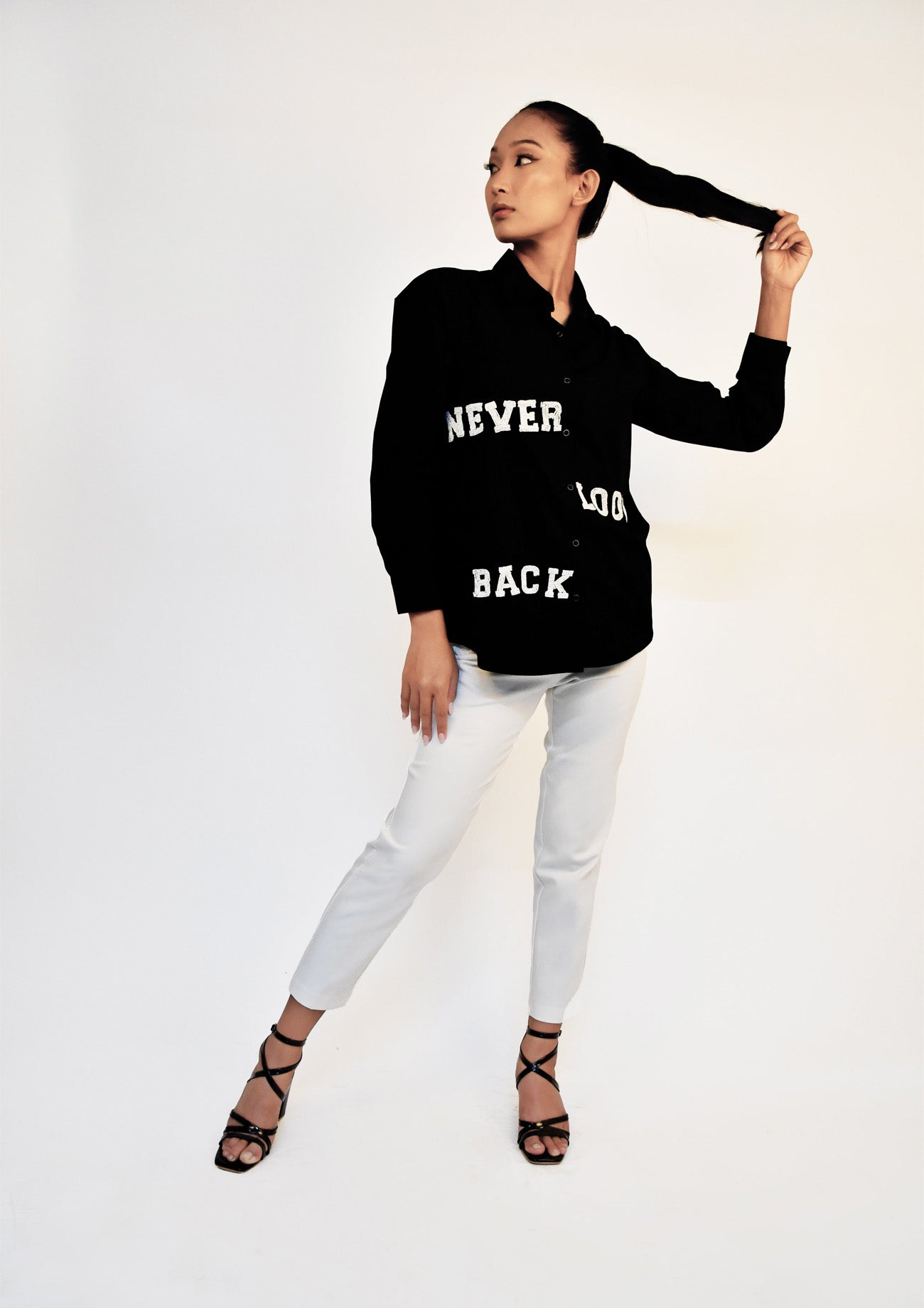 Black Comfort Fit Cotton Shirt with Embroidery