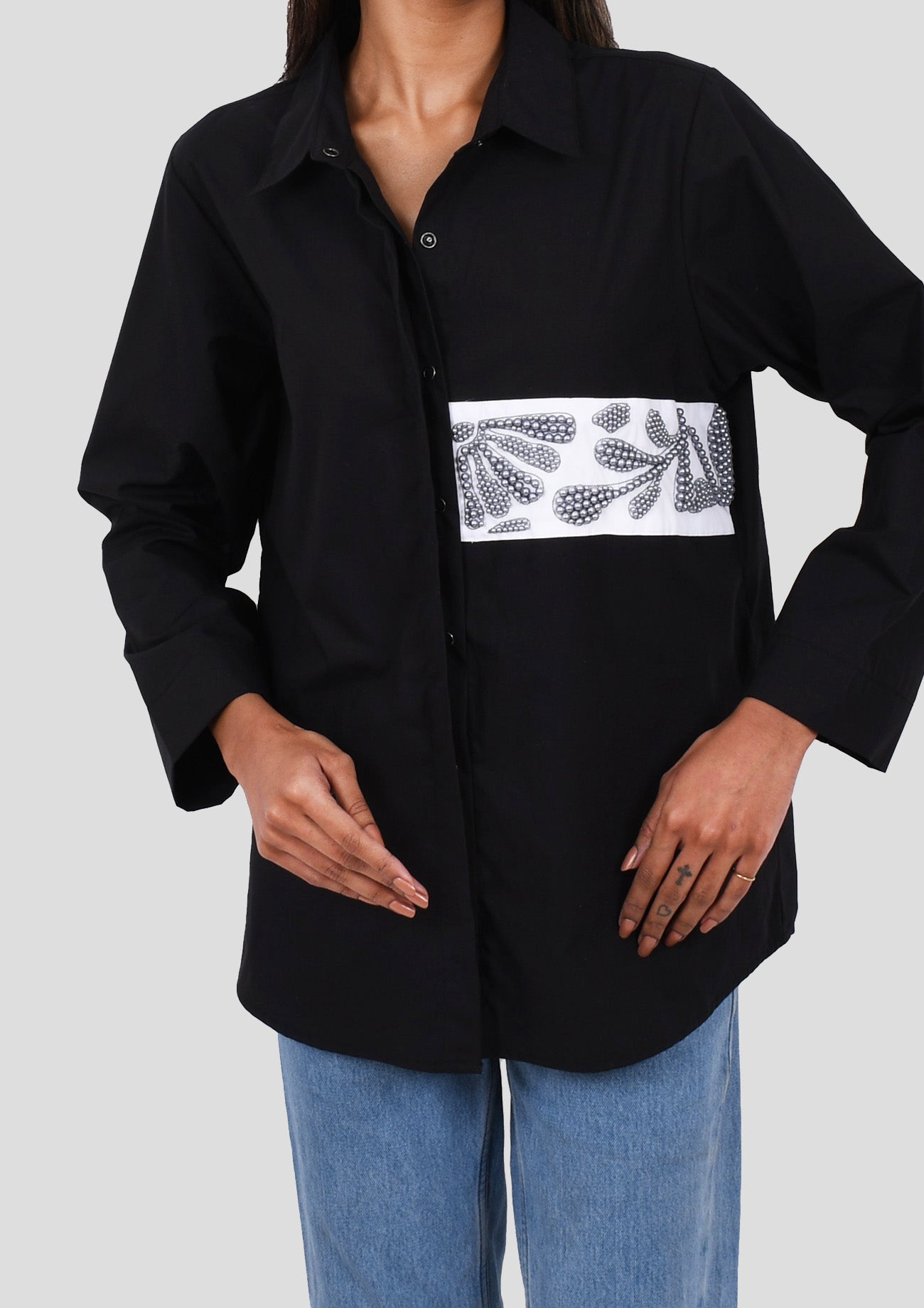 Black Comfort Fit Cotton Shirt Pearl Work Strip