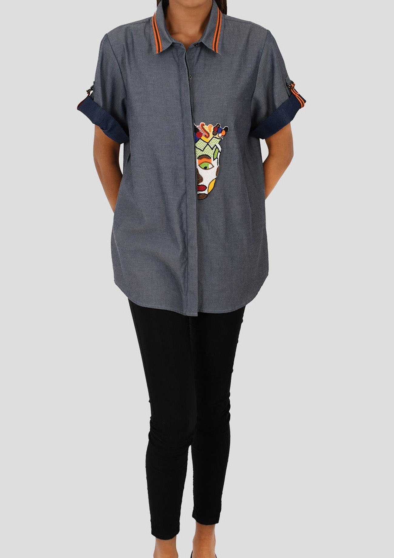 Blue Comfort Fit Chambray Shirt with Beaded Embroidery