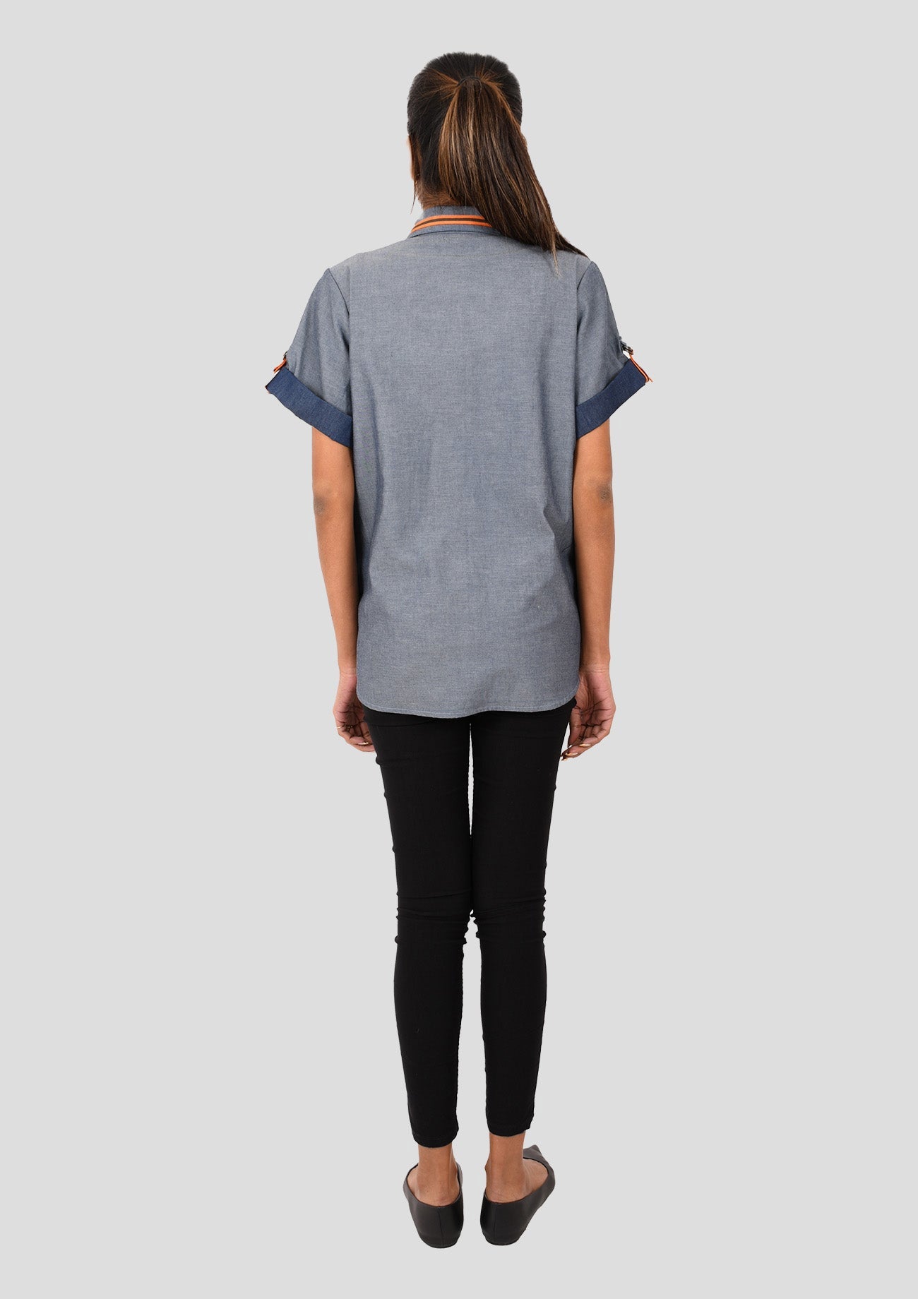 Blue Comfort Fit Chambray Shirt with Beaded Embroidery