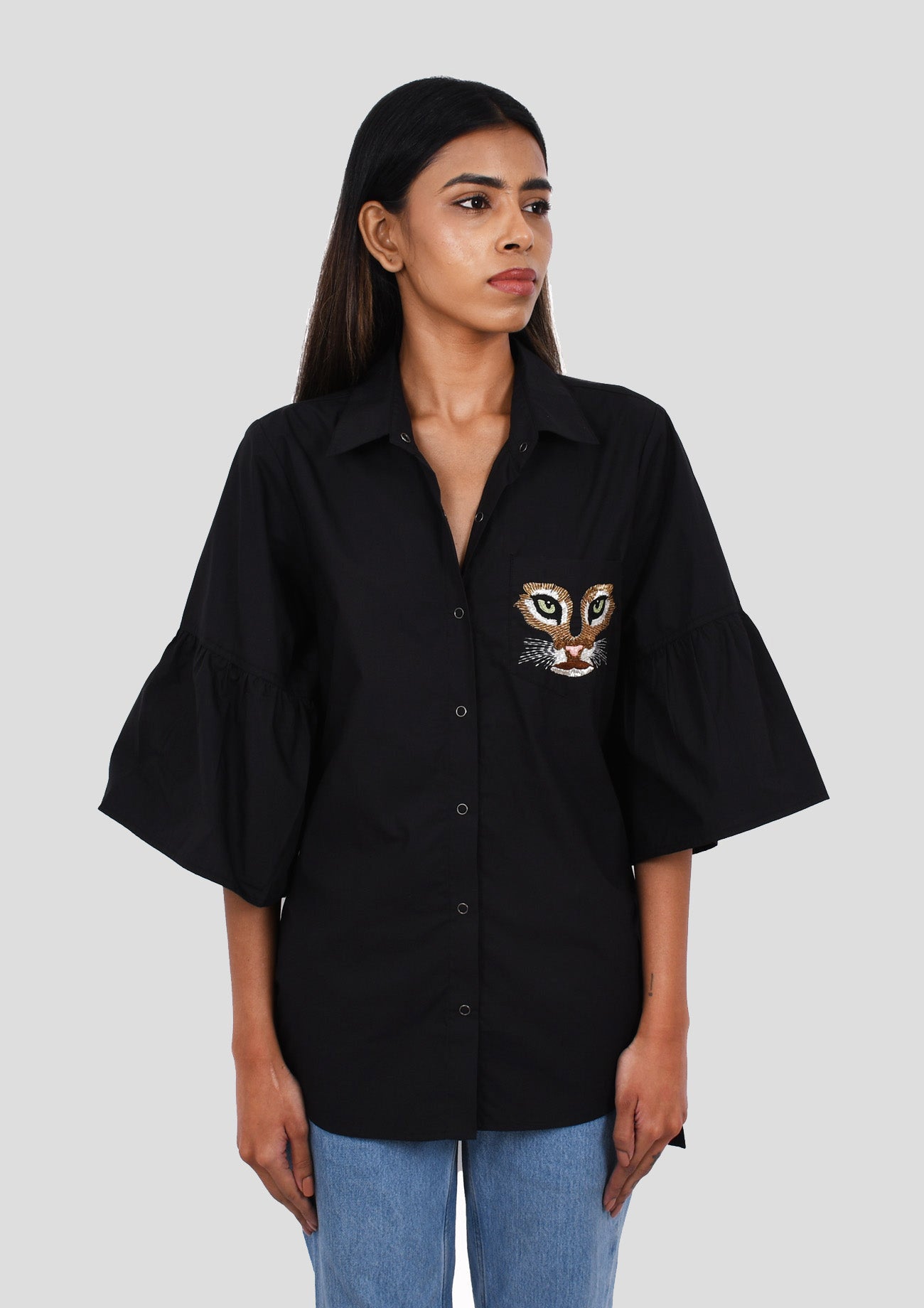 Black Comfort Fit Cotton Three Quarter Sleeves Shirt
