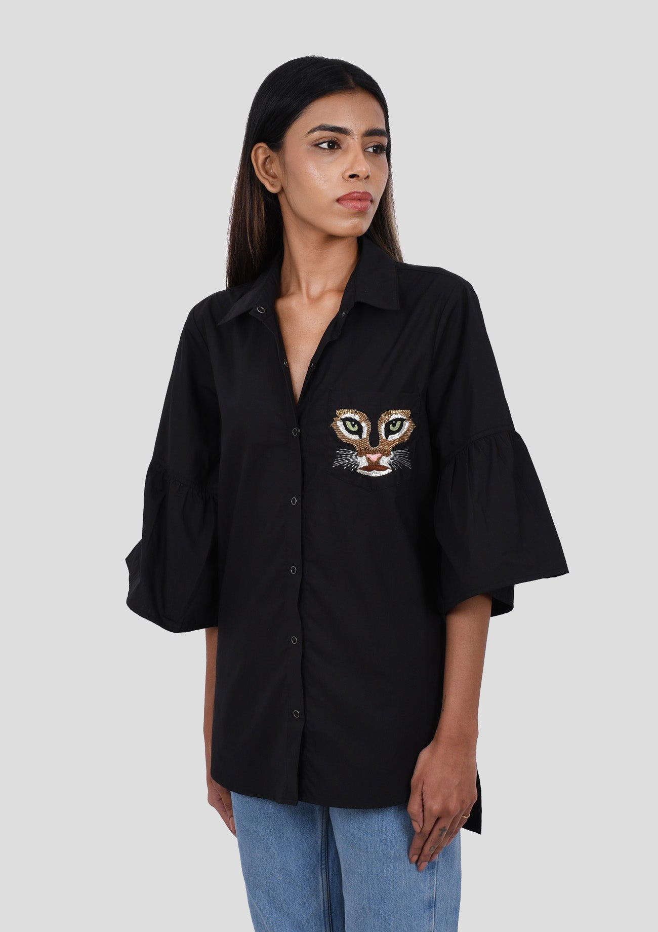 Black Comfort Fit Cotton Three Quarter Sleeves Shirt