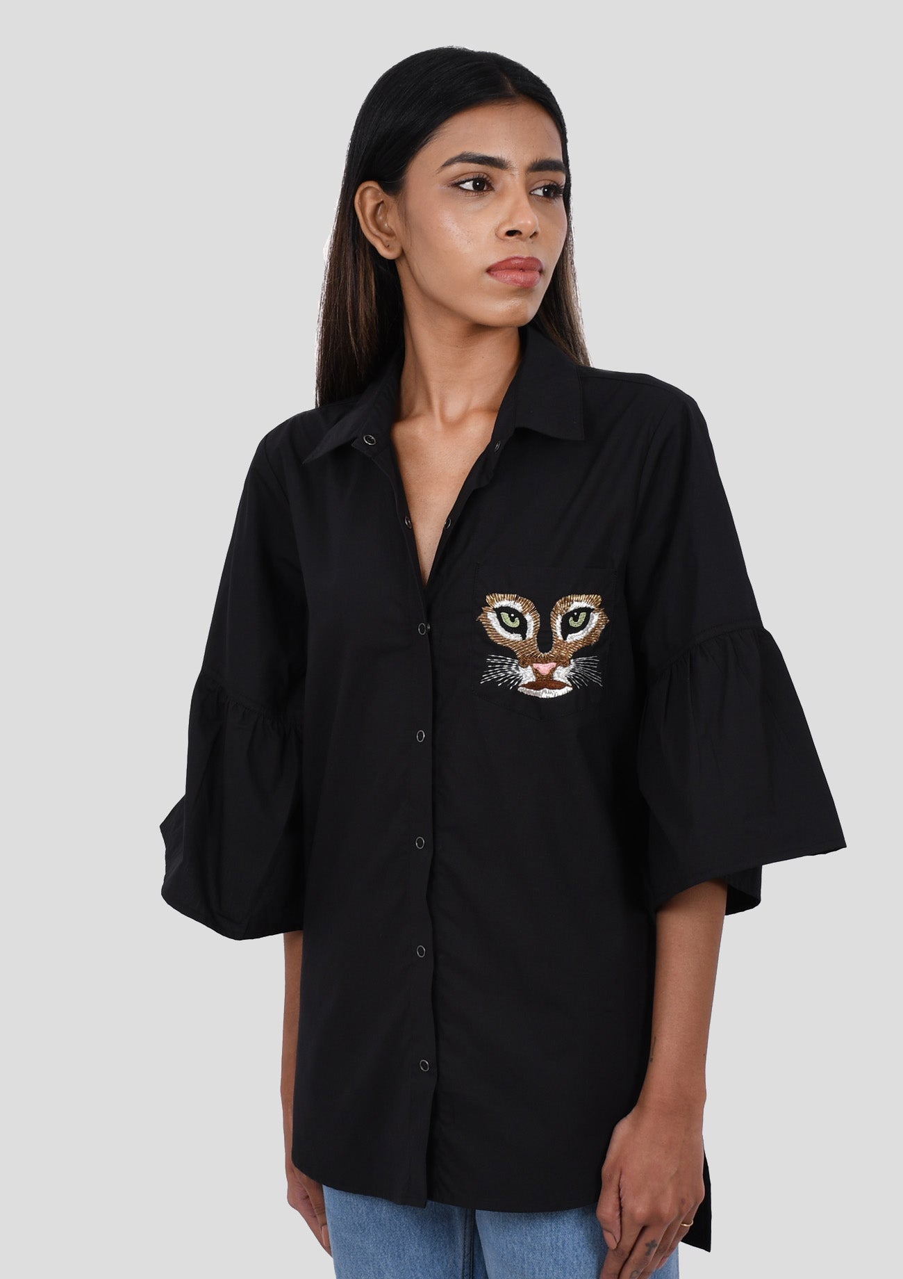 Black Comfort Fit Cotton Three Quarter Sleeves Shirt