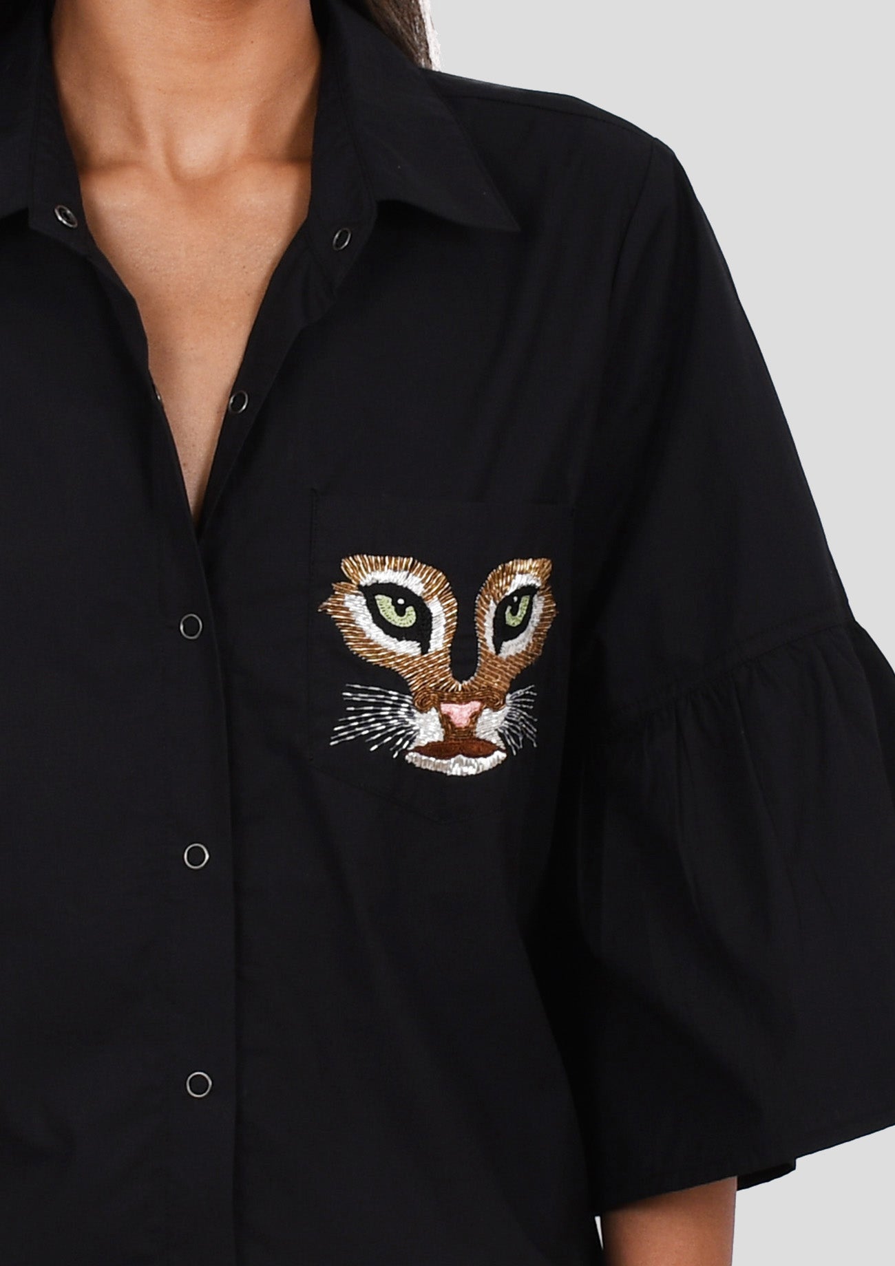 Black Comfort Fit Cotton Three Quarter Sleeves Shirt