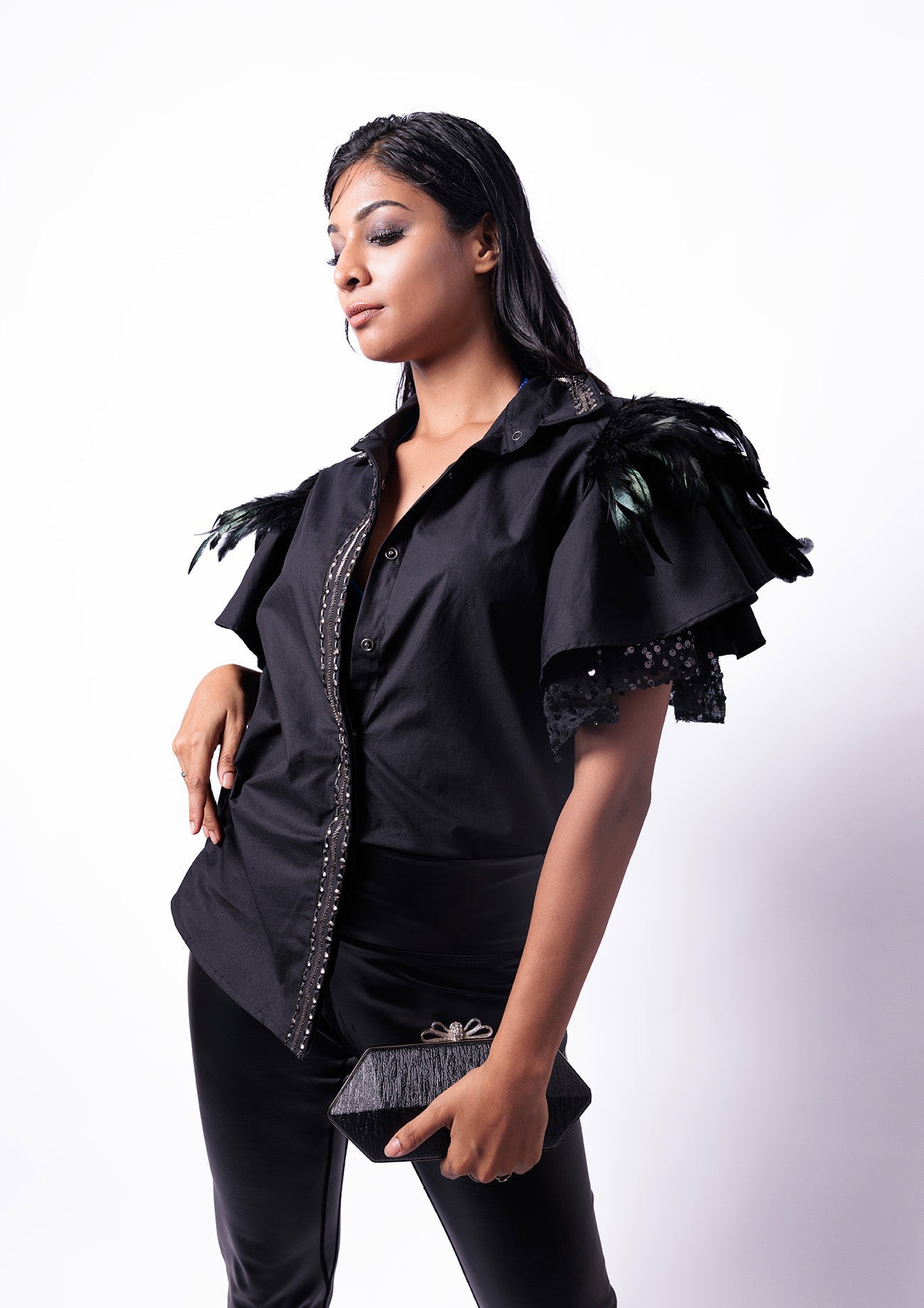 Black Comfort Fit Cotton Shirt with Flared Sleeves