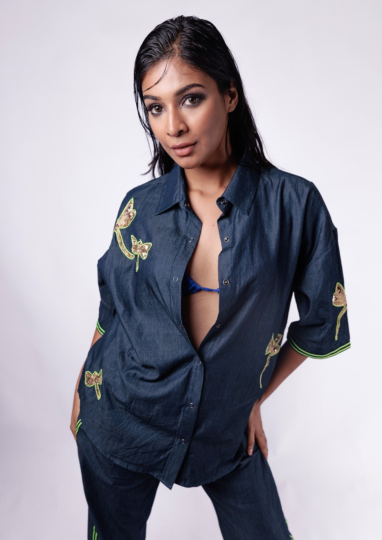 Blue Denim Oversized Fit Shirt with Embroidery