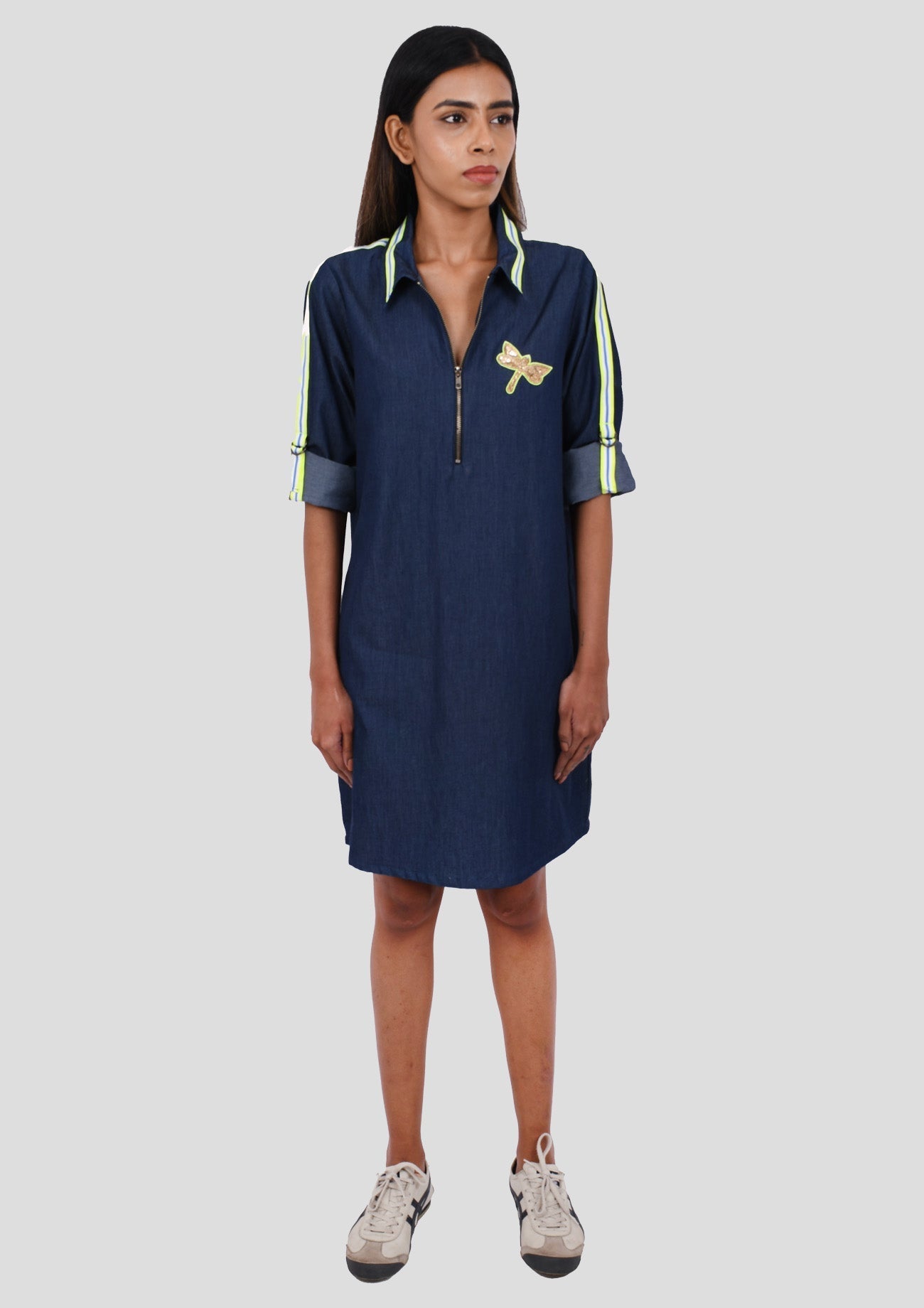 Blue Denim One Piece Dress with Embroidery