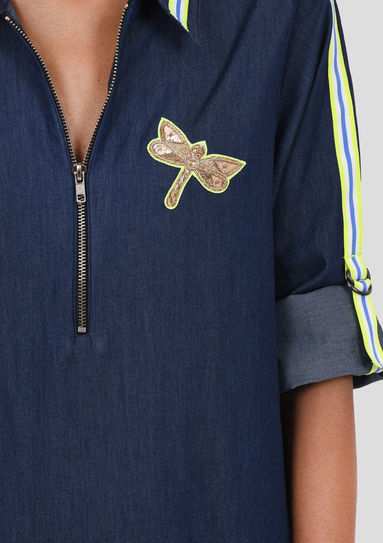 Blue Denim One Piece Dress with Embroidery