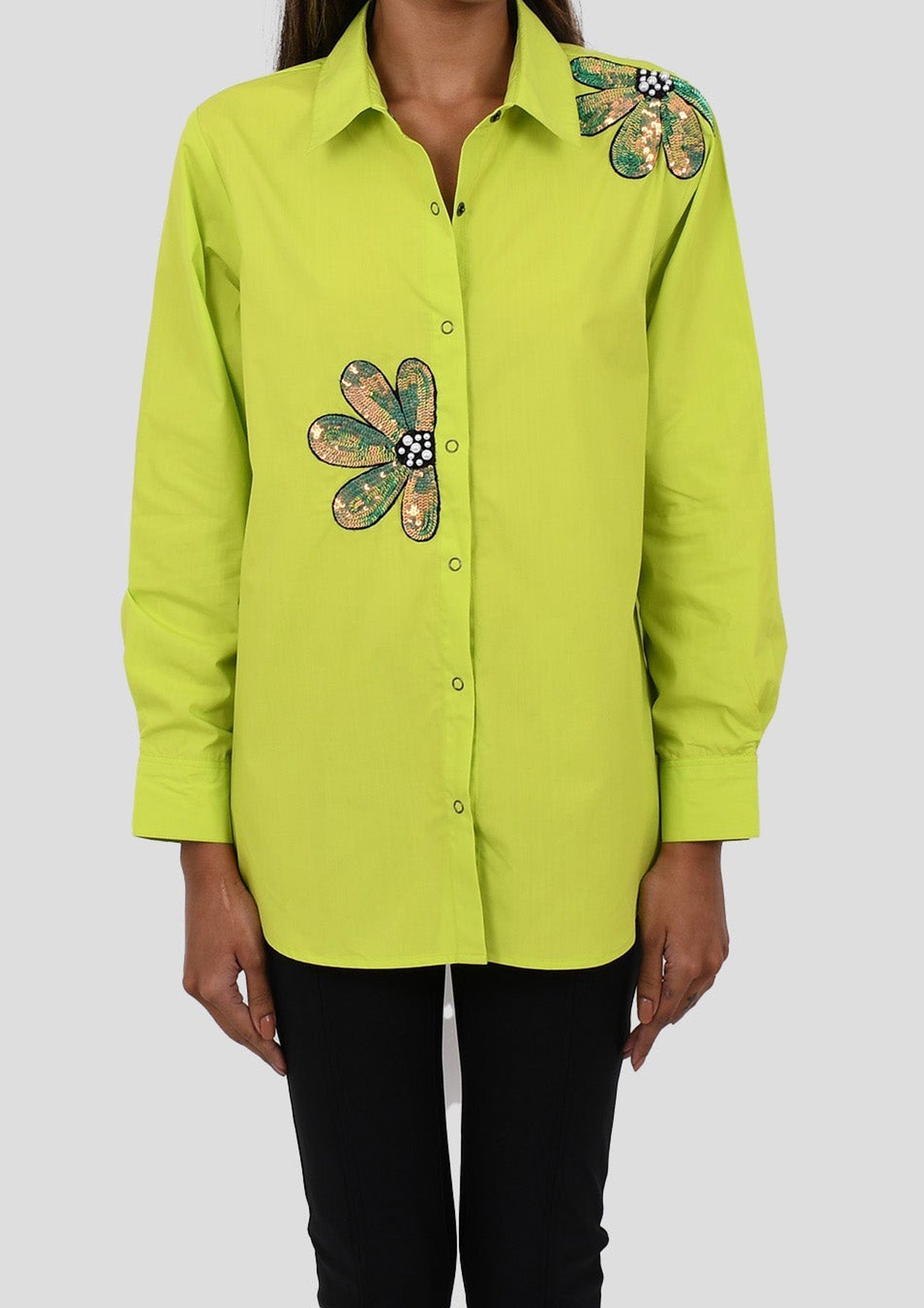 Neon Green Comfort Fit Cotton Shirt with Sequin