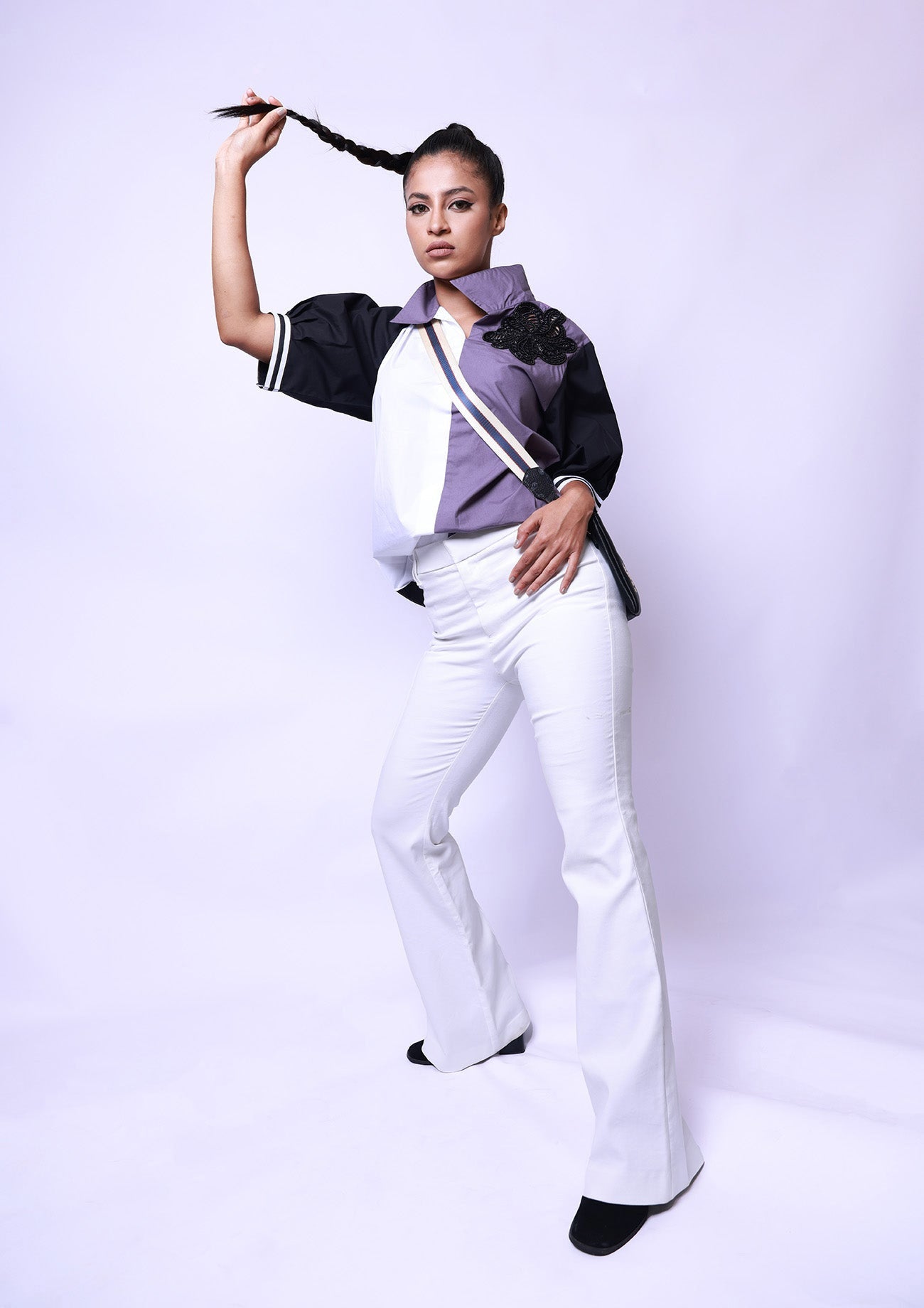 Black, White & Lilac Cotton Shirt with Cutwork Embroidery