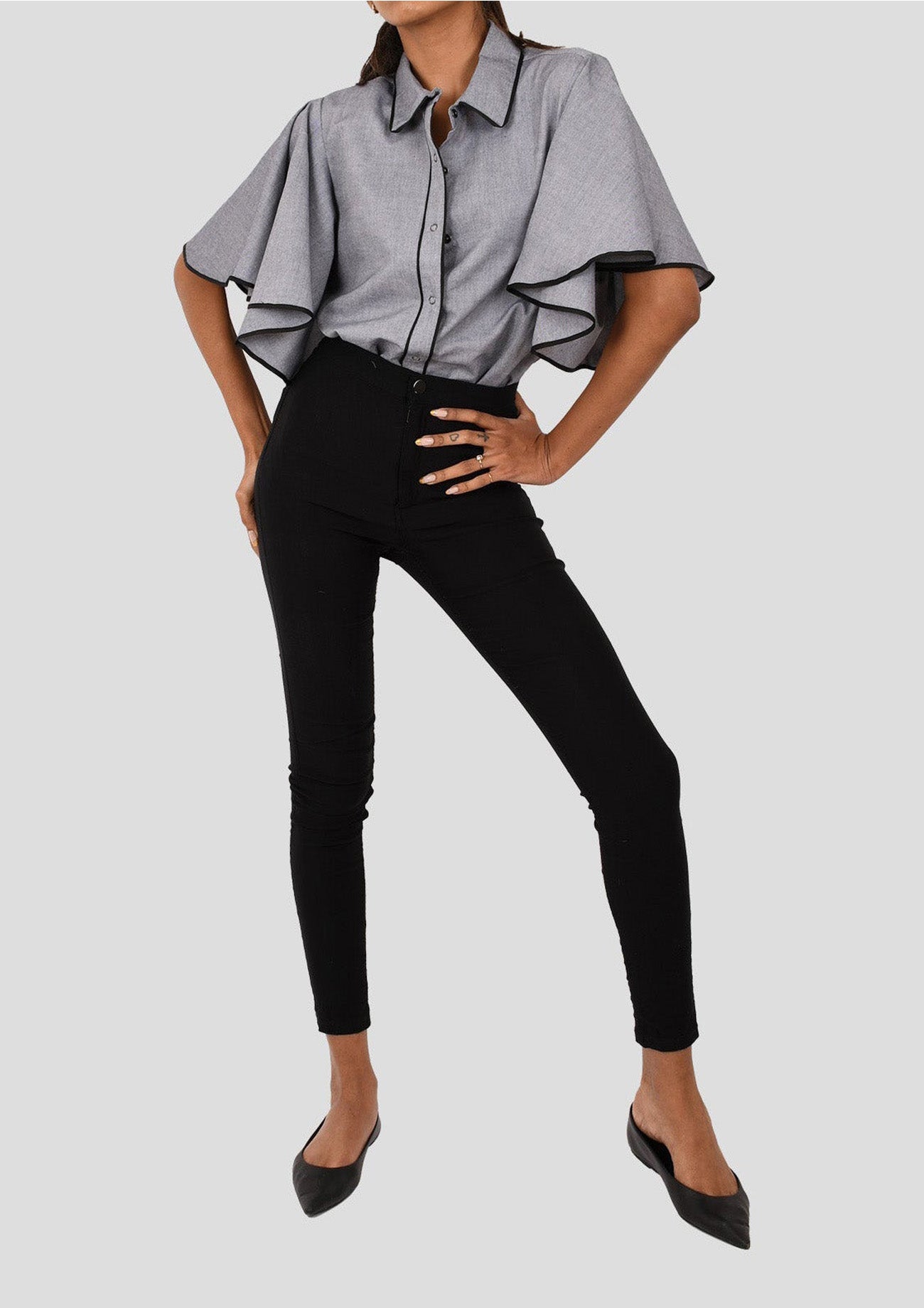 Grey Comfort Fit Chambray Shirt with Flared Sleeves